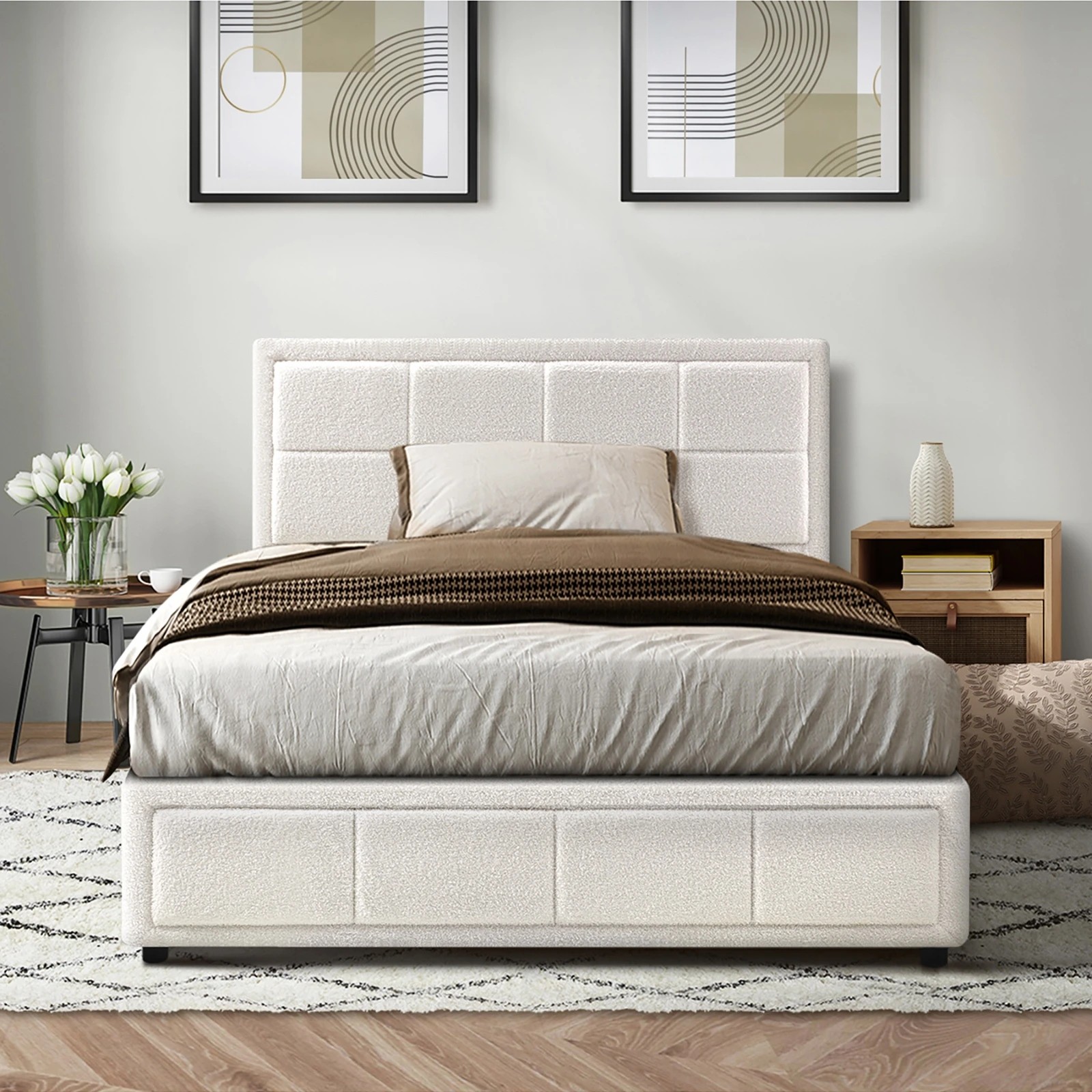4 Oikiture King Single Bed Frame Gas Lift Storage Base Boucle Fabric - White, 4 of 9