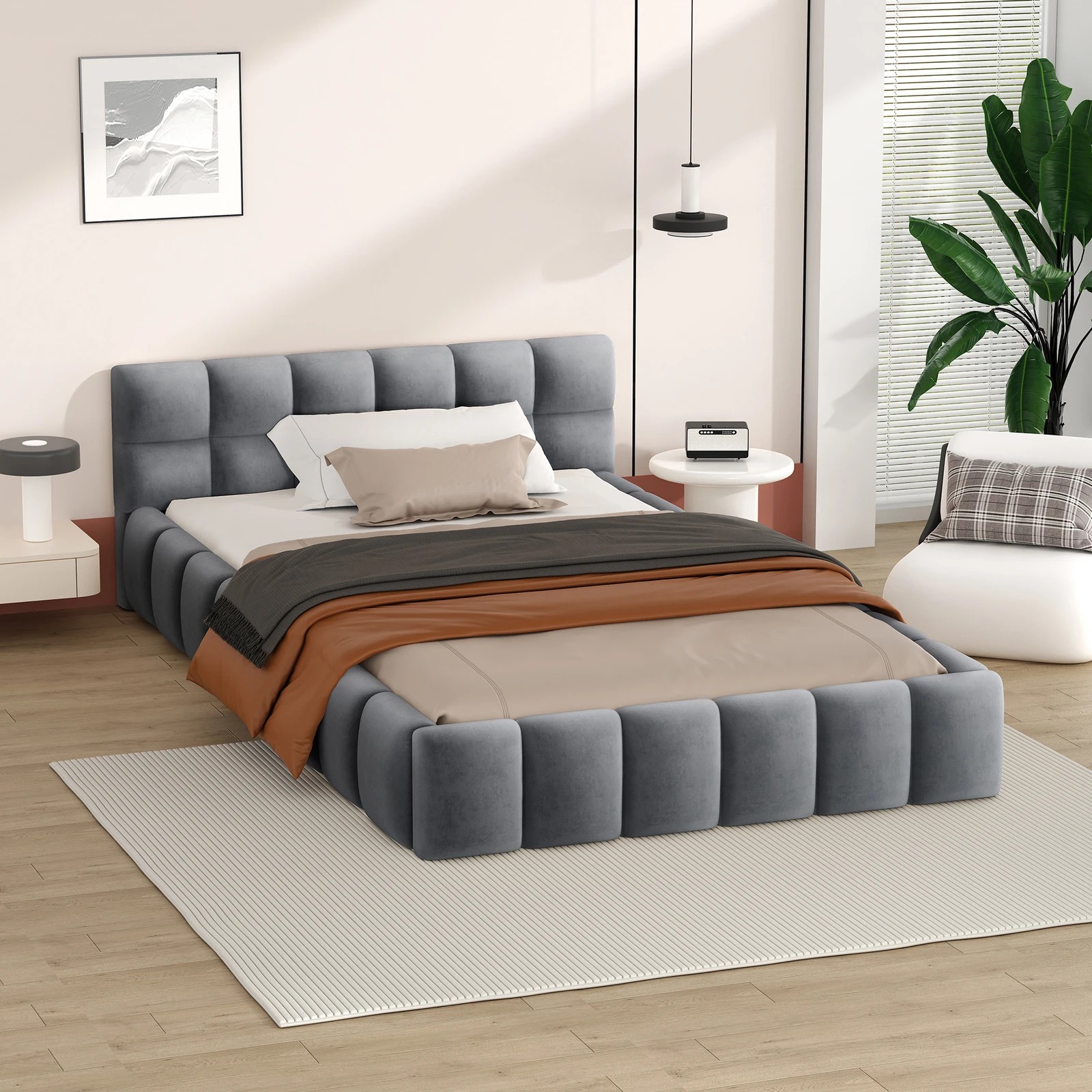 6 Alfordson Bed Frame Single Size Tufted Headboard Foundation Velvet Talmon - Grey, 6 of 10