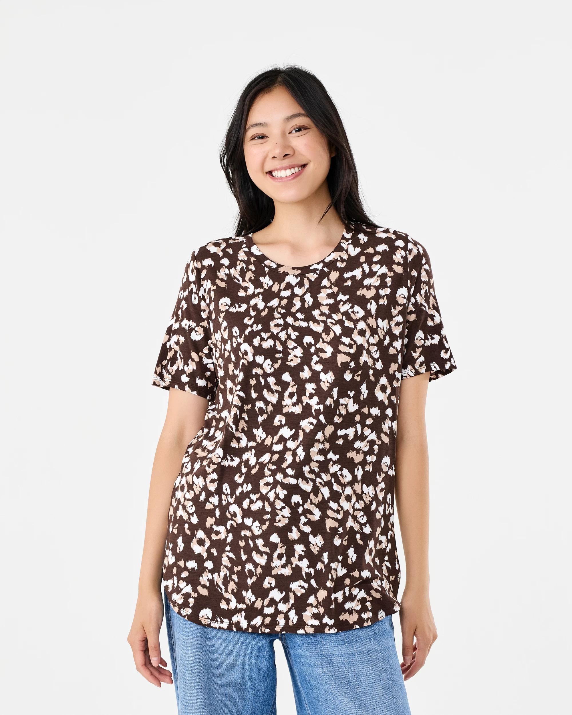 1 Short Sleeve Curve Hem Tunic Choc Leo, 1 of 7