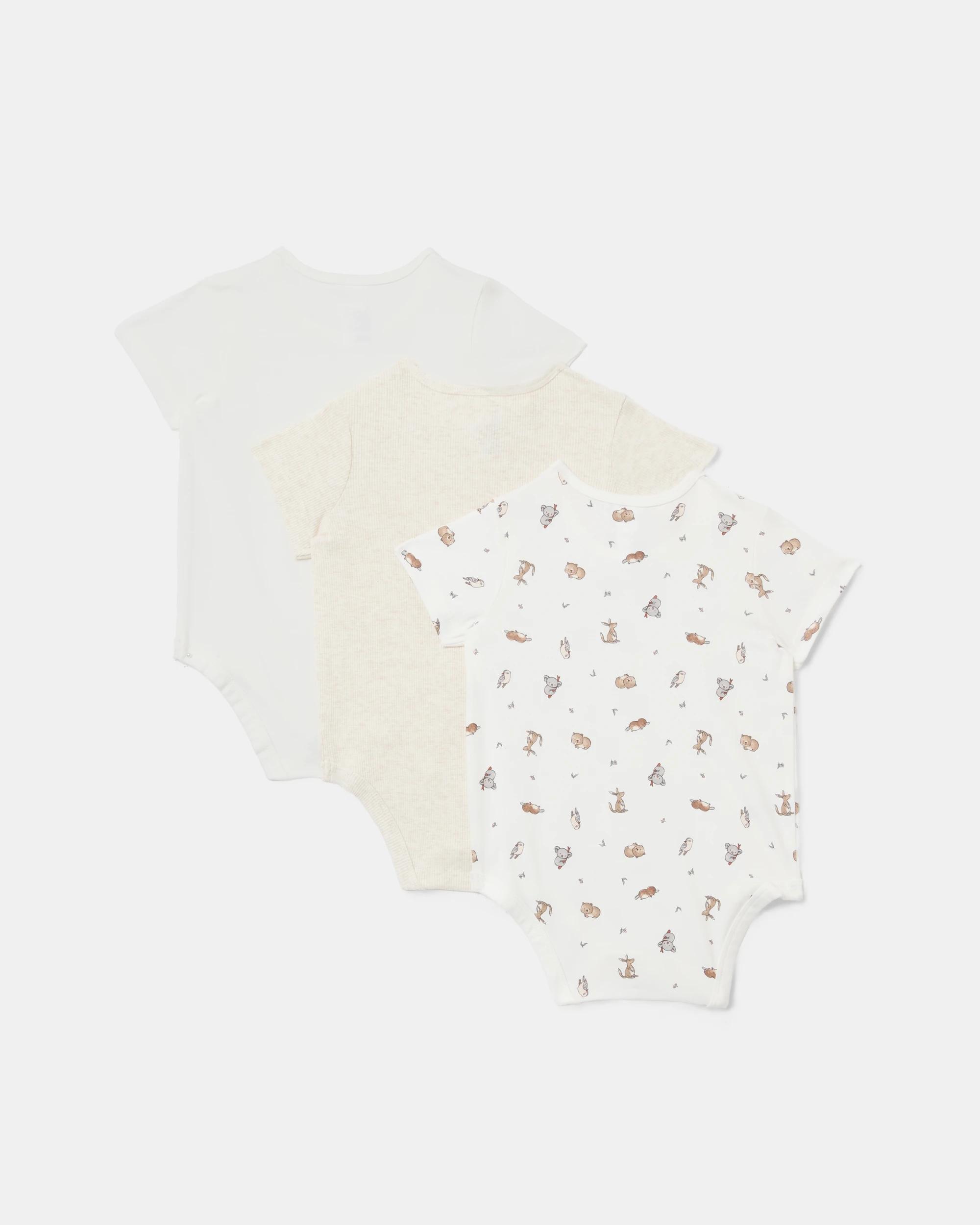 2 3 Pack Short Sleeve Print Bodysuits Aus Animal, 2 of 2
