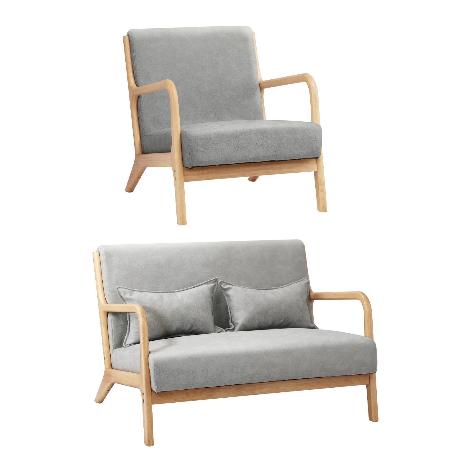 1 Oikiture 2PCS Armchair Lounge Chair set 1/2 Seater with 2 Pillows Fabric - Grey, 1 of 10