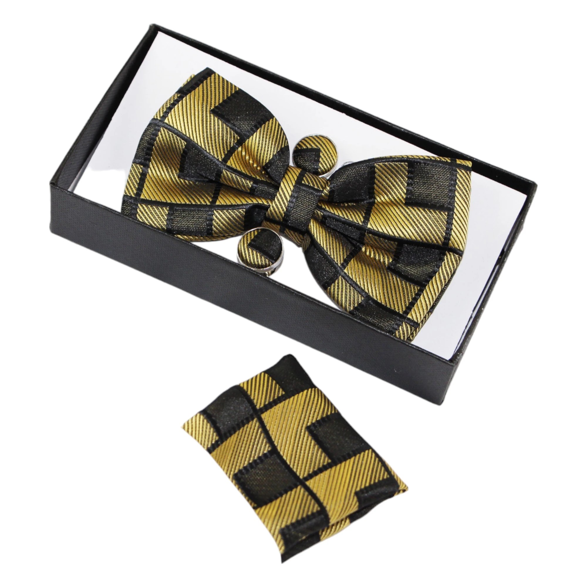 2 Zasel Mens Gold Rectilinear Matching Bow Tie, Pocket Square & Cuff Links Set - Multi, 2 of 4