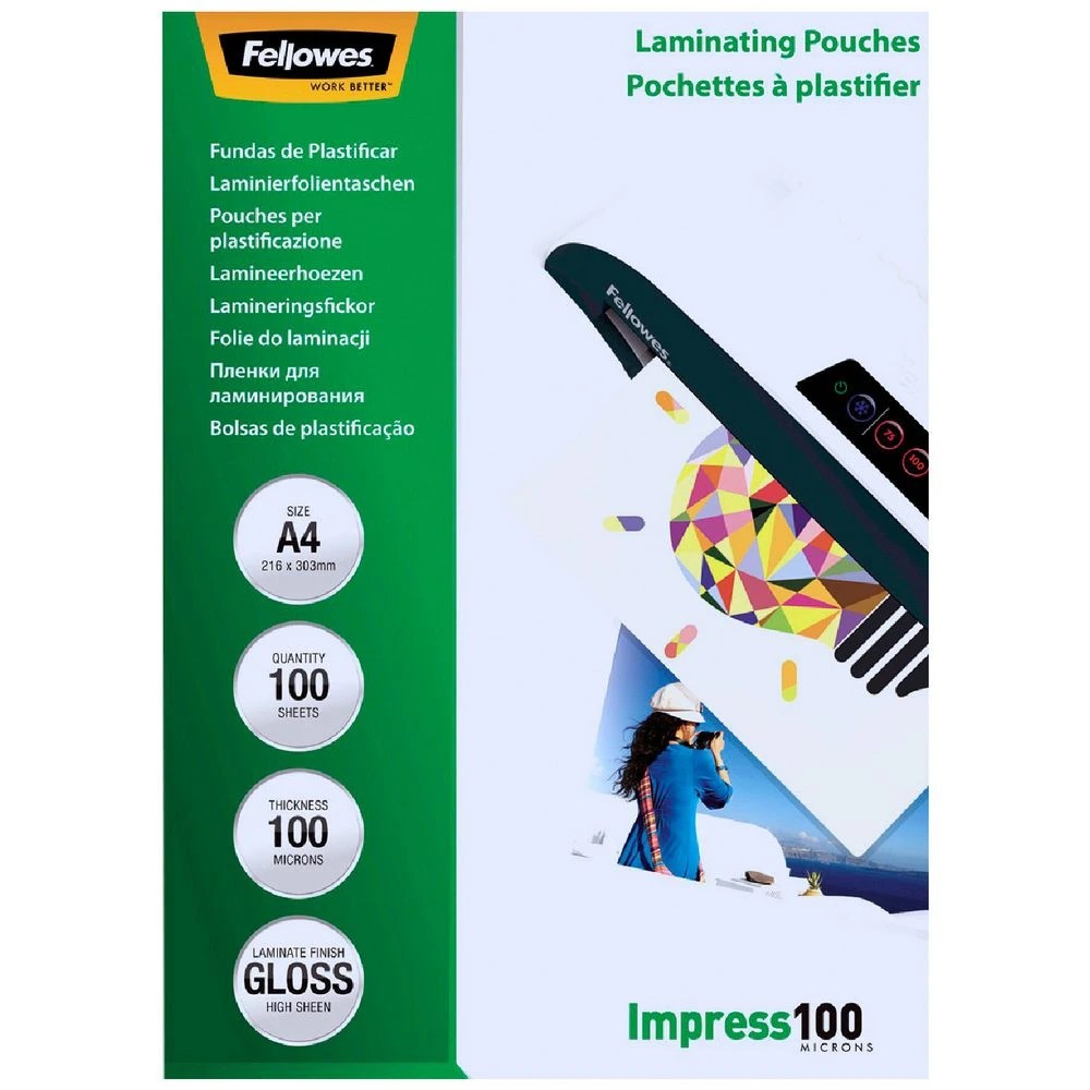1 Fellowes A4 100 Micron Laminating Pouch Gloss 100 Pack, 1 of 4