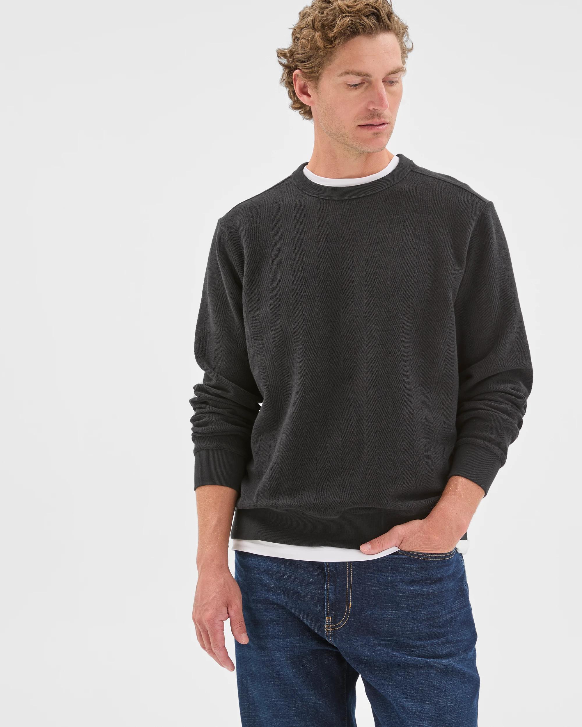 1 Target Man Australian Cotton Herringbone Long Sleeve Crew Neck Fleece Top BLACK, 1 of 6