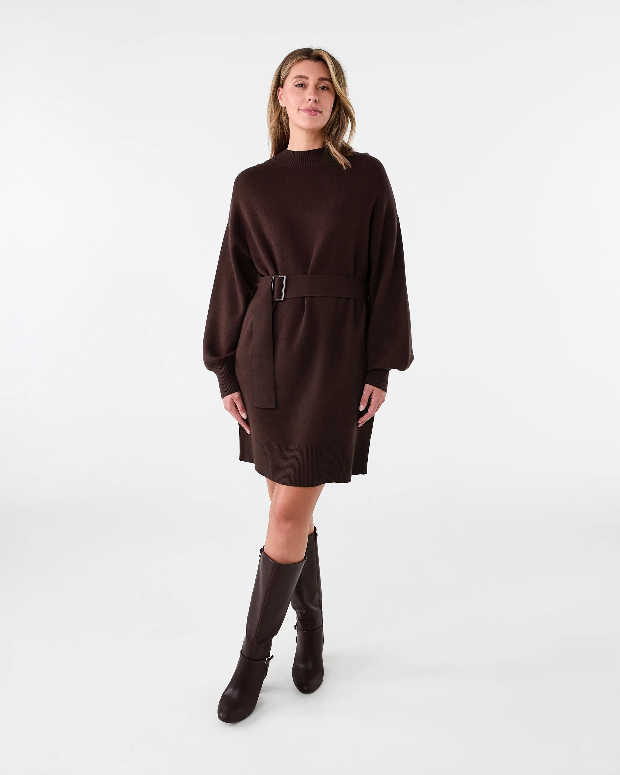 8 Long Sleeve True Knit Belted Mini Dress Melt Brown, 8 of 8