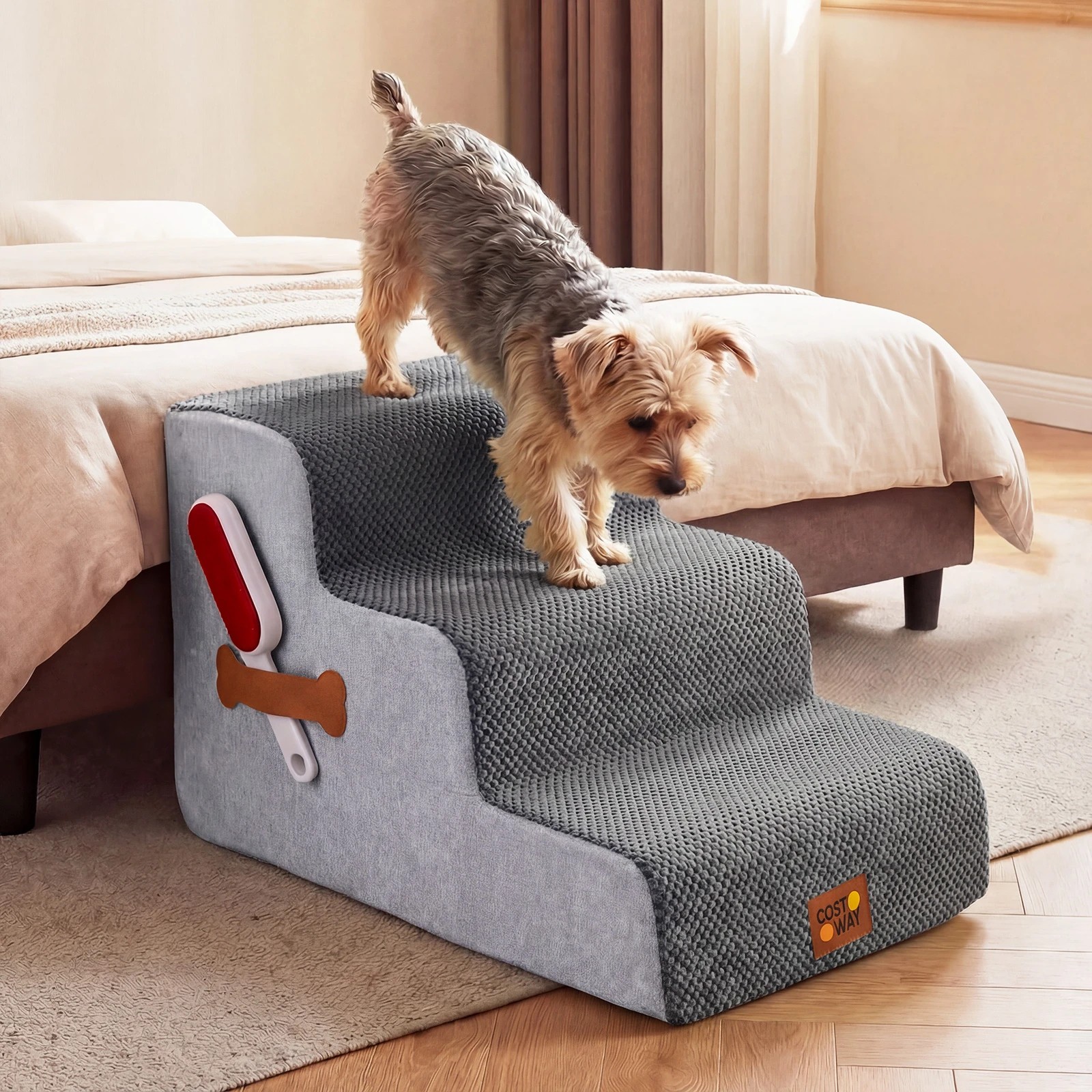 Costway 3-Tier Foam Pet Ramp Soft Doggy Stair Ladder w/Hair Remover ...