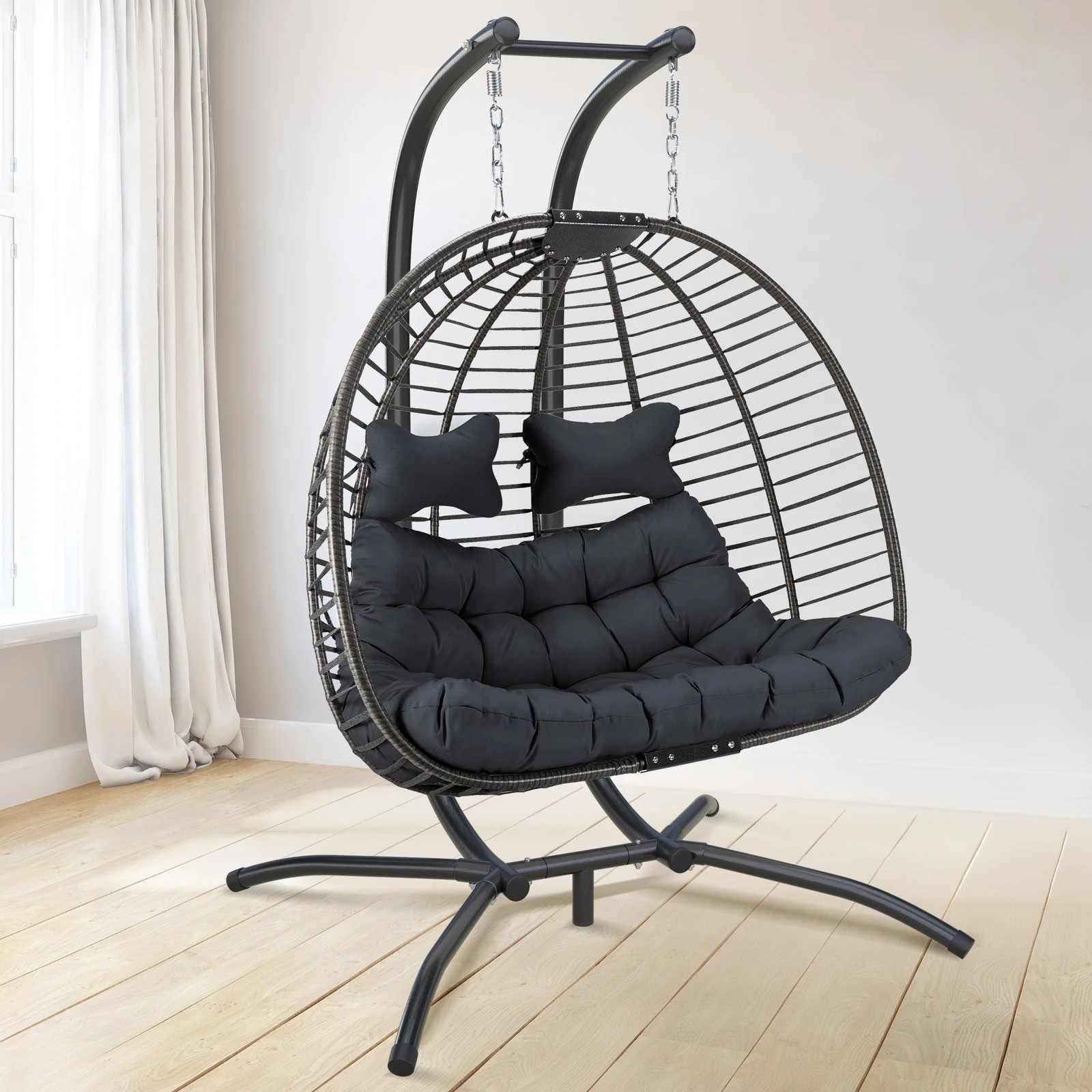 4 Alfordson Outdoor Egg Swing Chair 2 Seater Wicker Rattan Pod Hanging - Grey, 4 of 10