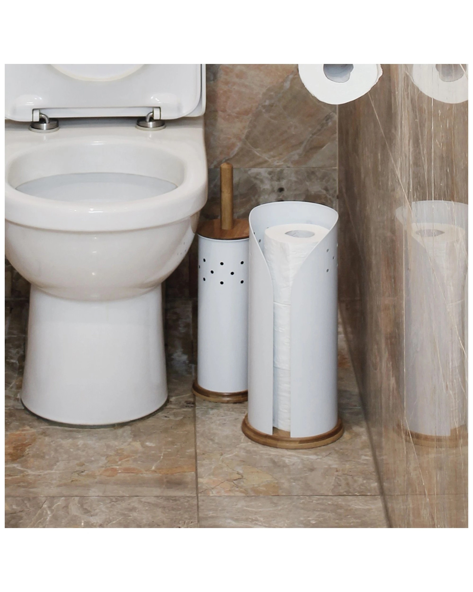 5 Eco Basics Stainless Steel Bamboo Toilet Roll Holder Storage Holds 3 Rolls
 - White, 5 of 5