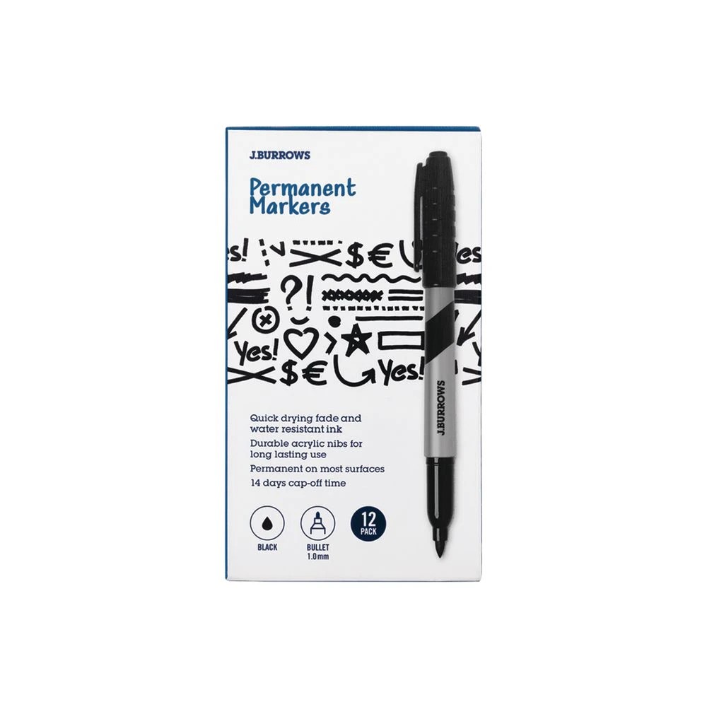 1 J.Burrows Permanent Markers 1mm Bullet Black 12 Pack, 1 of 5