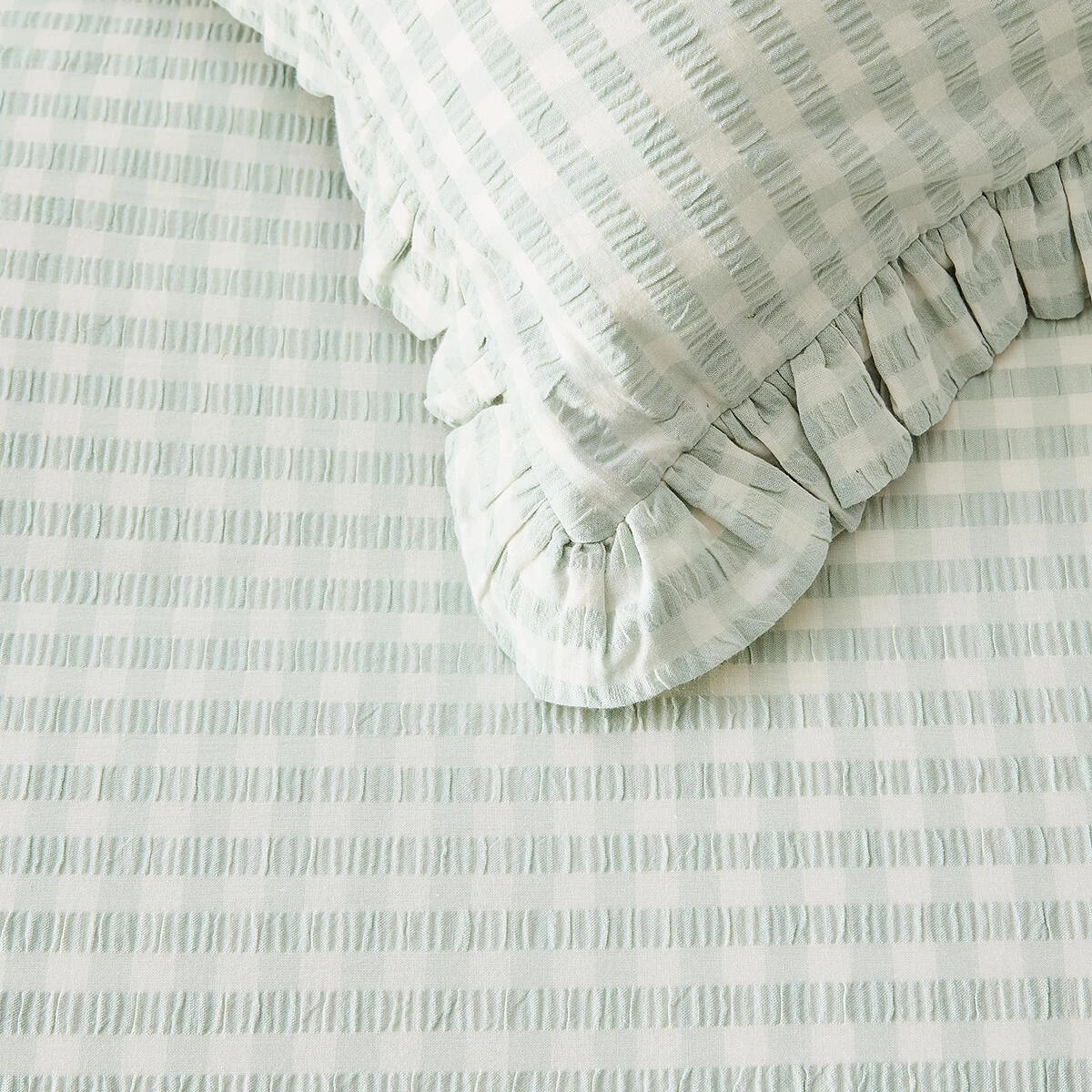 3 Gingham Ruffle Cotton Quilt Cover Set - Double Bed, Sage, 3 of 6