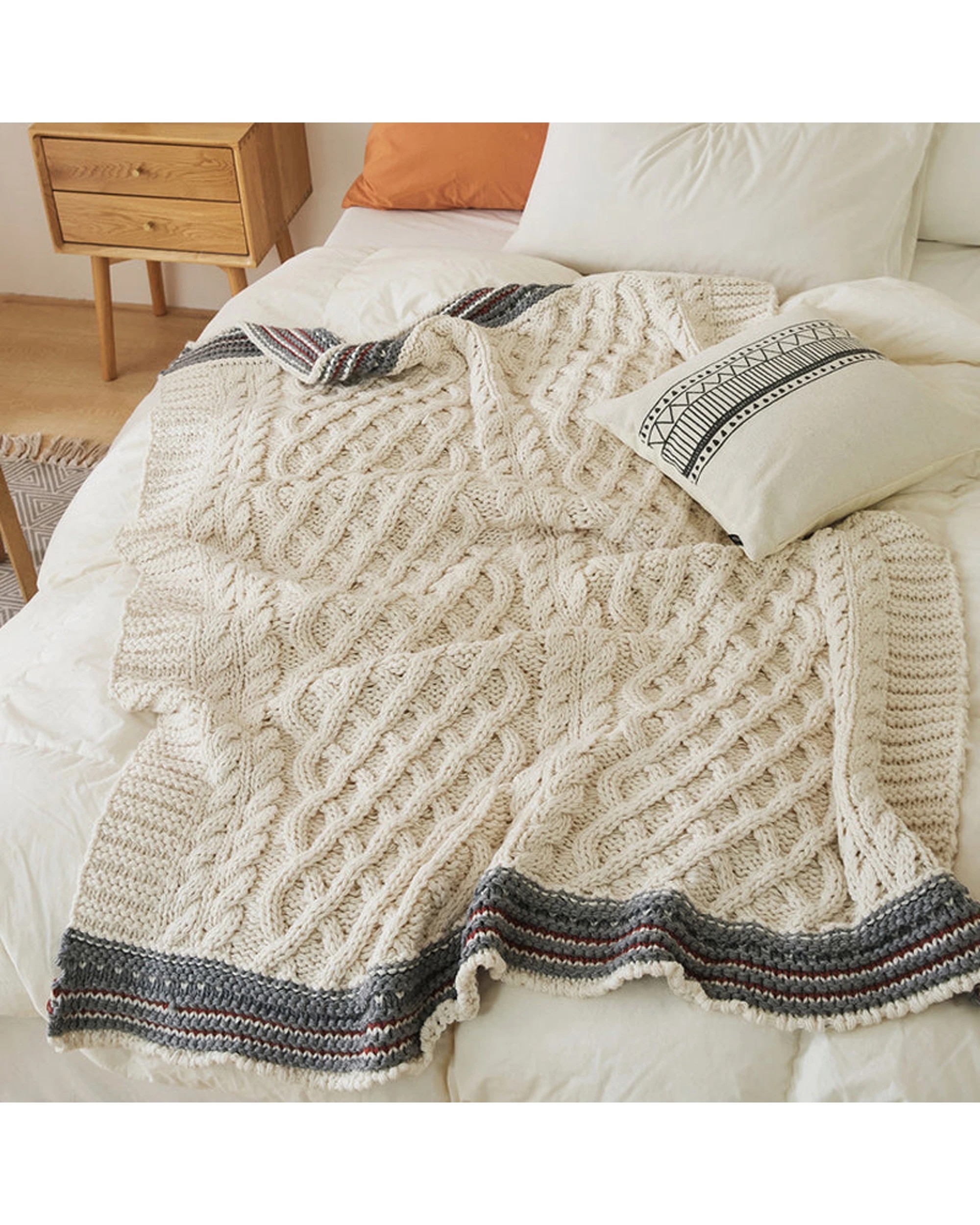2 Cotton More Cable Knit Blanket Striped Border 130x160cm - Beige, 2 of 6