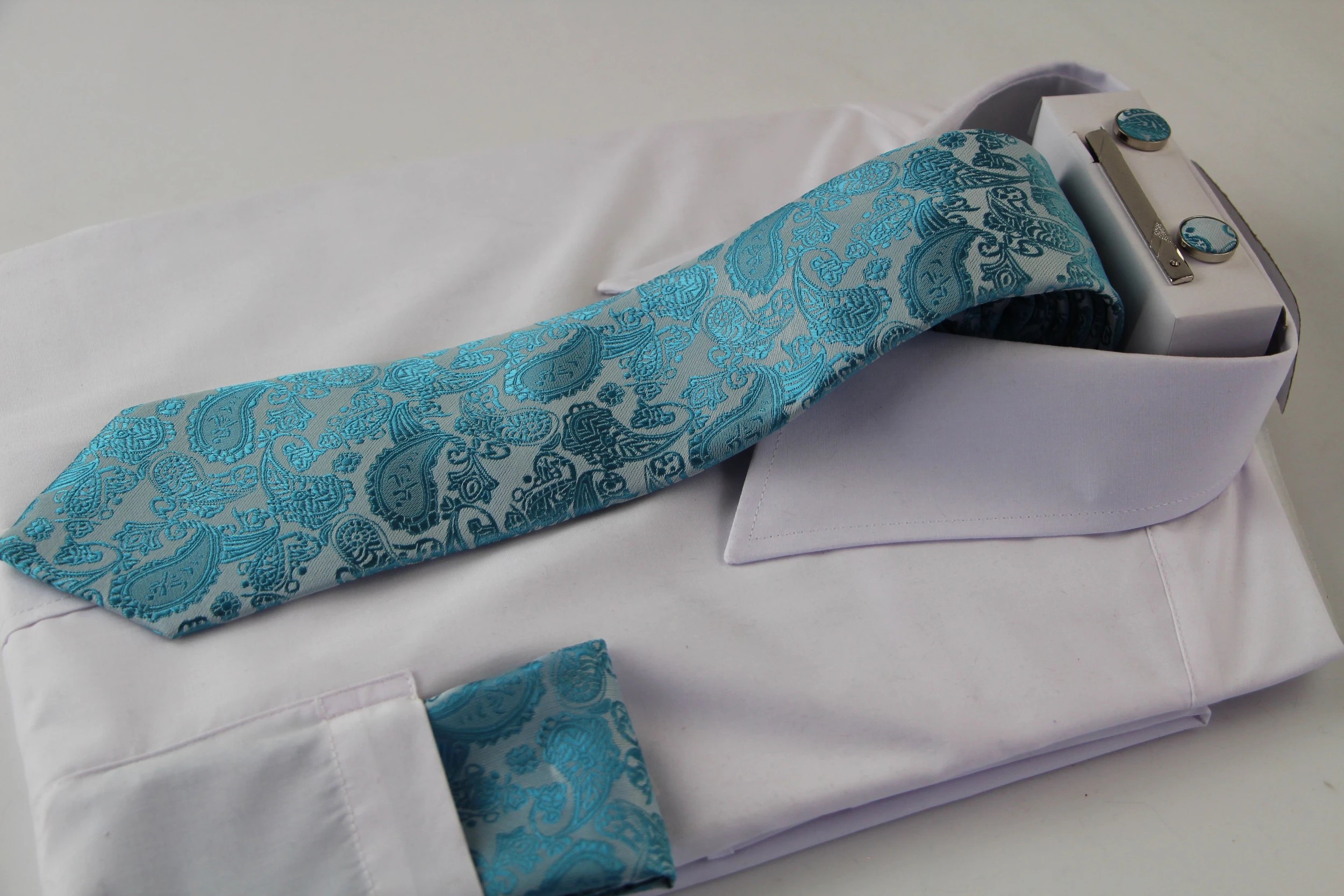 1 Zasel Mens Turquoise & Silver Boho Paisley Matching Neck Tie, Pocket Square, Cuff Links And Tie Clip Set - Multi, 1 of 3