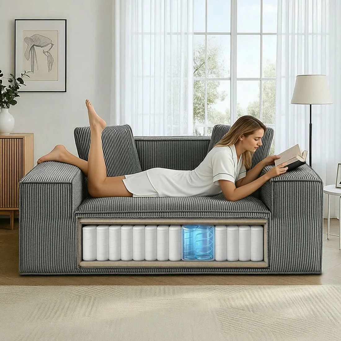 7 Artiss 2 Seater Sofa Loveseat Sofas Bed Couch No Assembly Corduroy Small Couches Apartement - Grey, 7 of 9