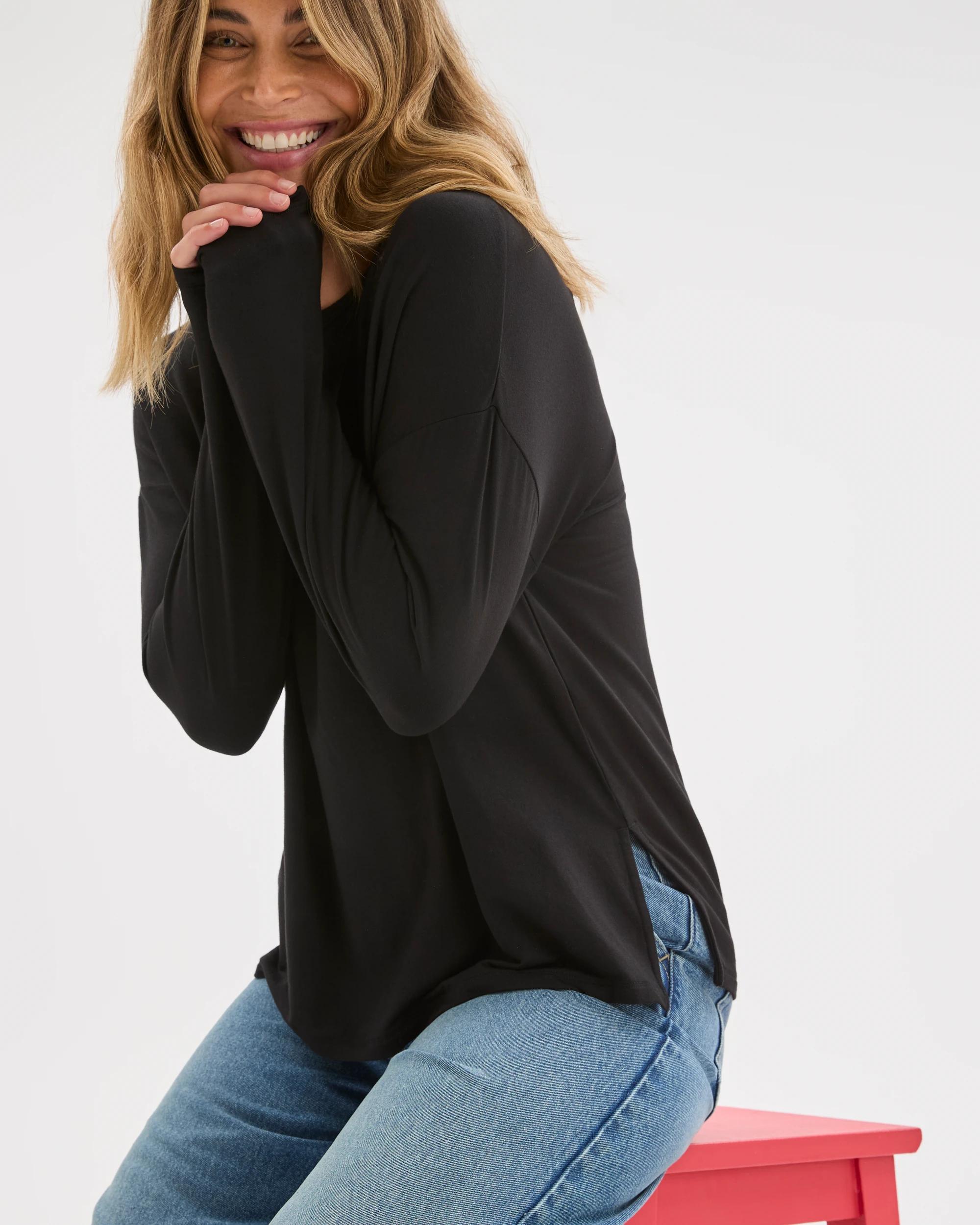 6 Target Woman Long Sleeve Drop Shoulder Curved Hem Top BLACK, 6 of 6