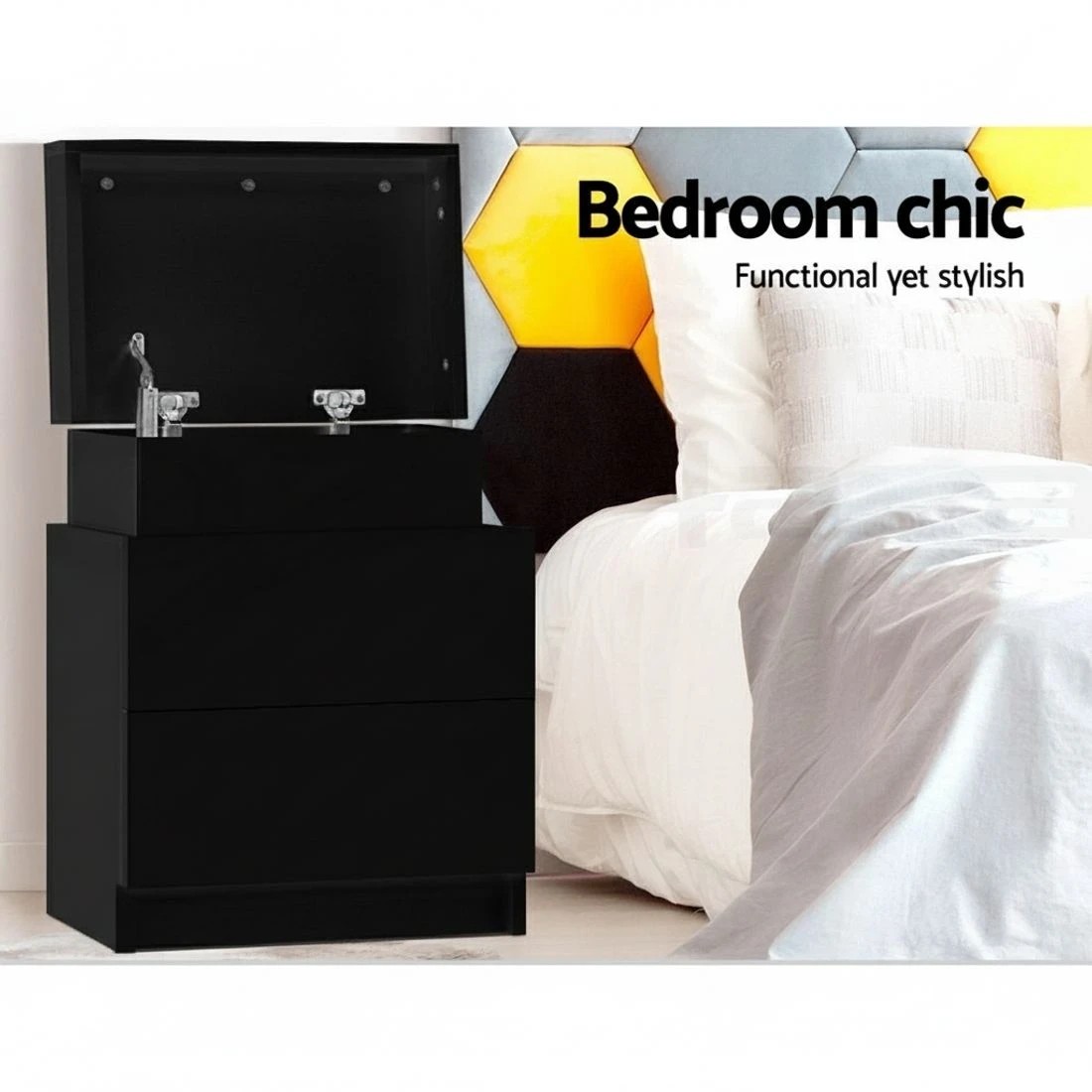 4 Artiss 2X Bedside Table 2 Drawers Lift-up Storage - Black, 4 of 8