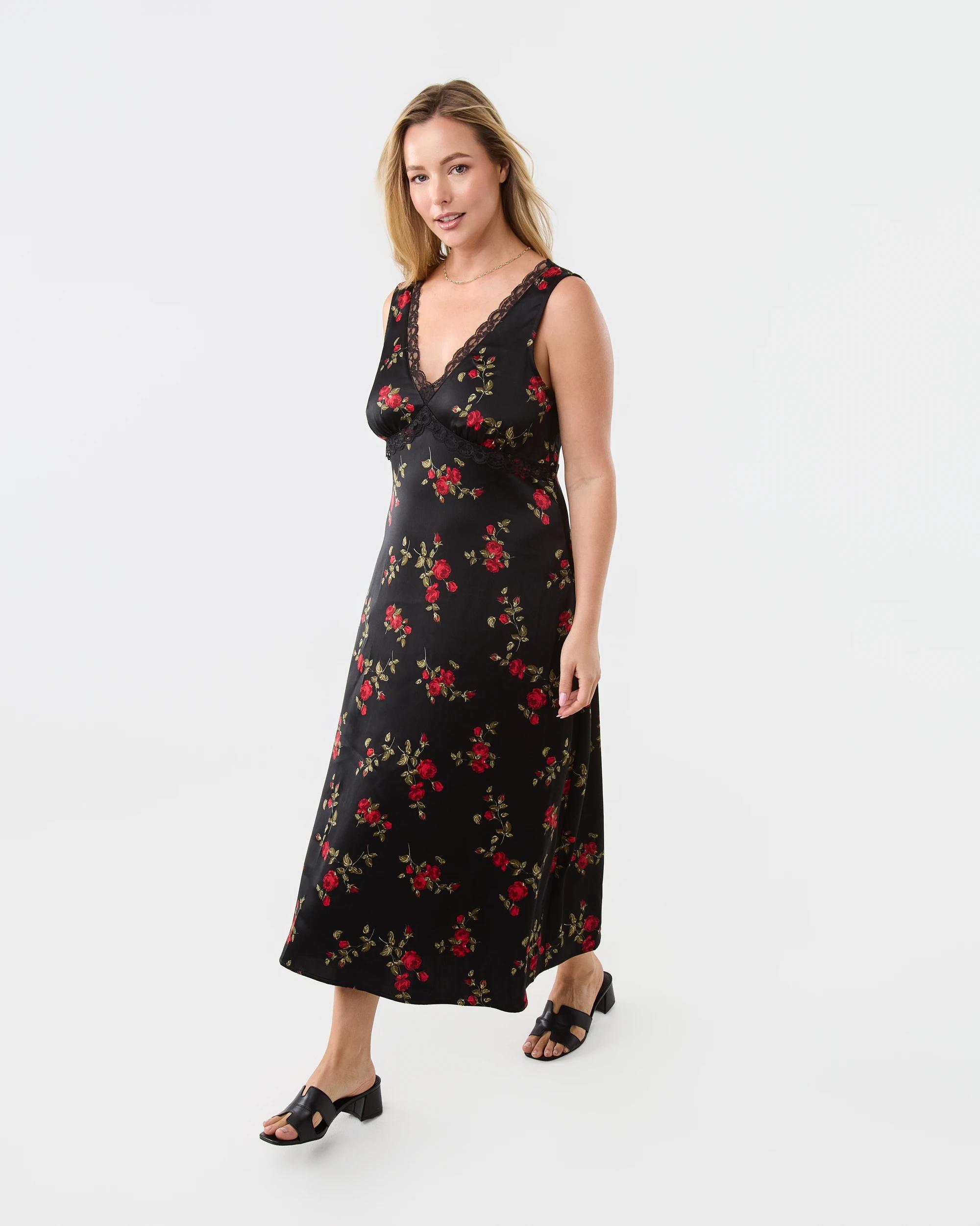 2 Sleeveless Satin Lace V-Neck Midi Dress Stem Roses, 2 of 7