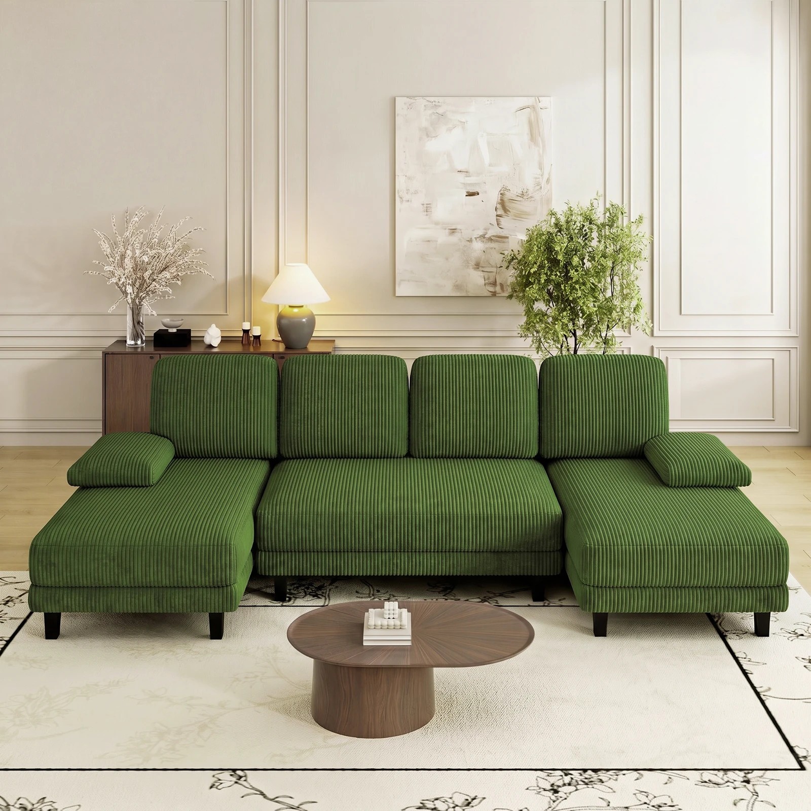 4 Advwin Sectiona Sofa 4-Seater Corduroy Fabric U Shape Couch 280cm - Green, 4 of 6