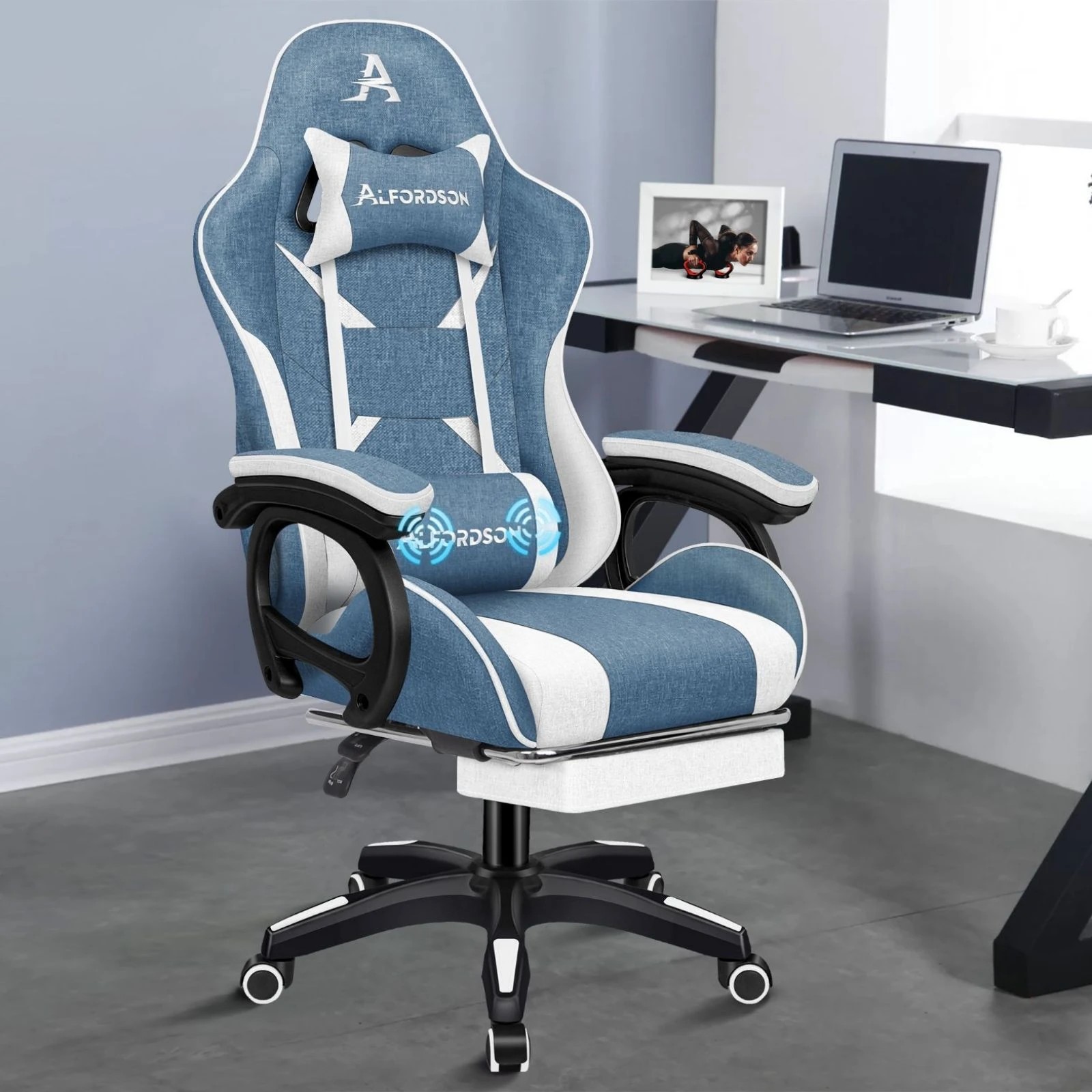 9 Alfordson Gaming Chair Office Massage Racing Computer Seat Fabric Footrest - White, 9 of 10