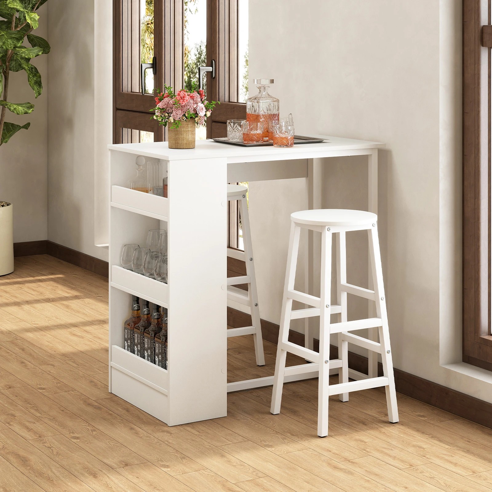 2 Costway 3PCS Dining Table Set Counter Height Bistro Table w/Storage Shelf Kitchen Table Set - White, 2 of 4