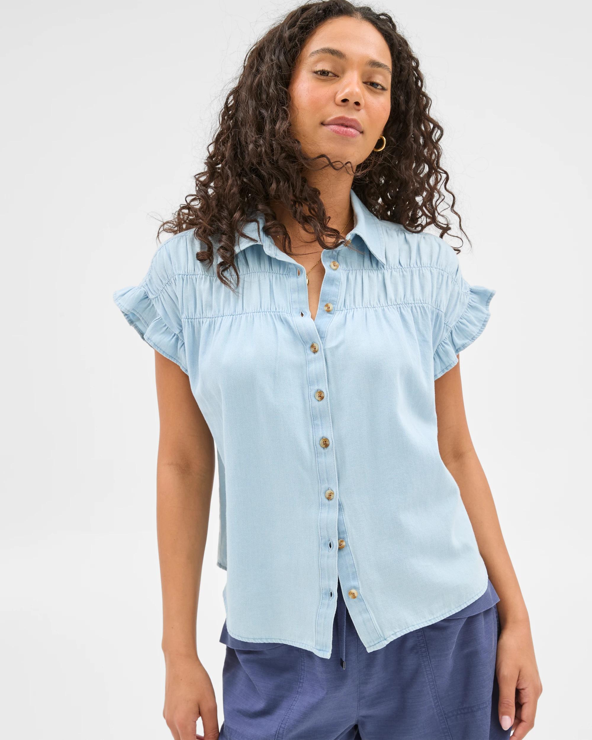 1 Target Ruffle Sleeve Chambray Shirt CHAMBRAY, 1 of 6