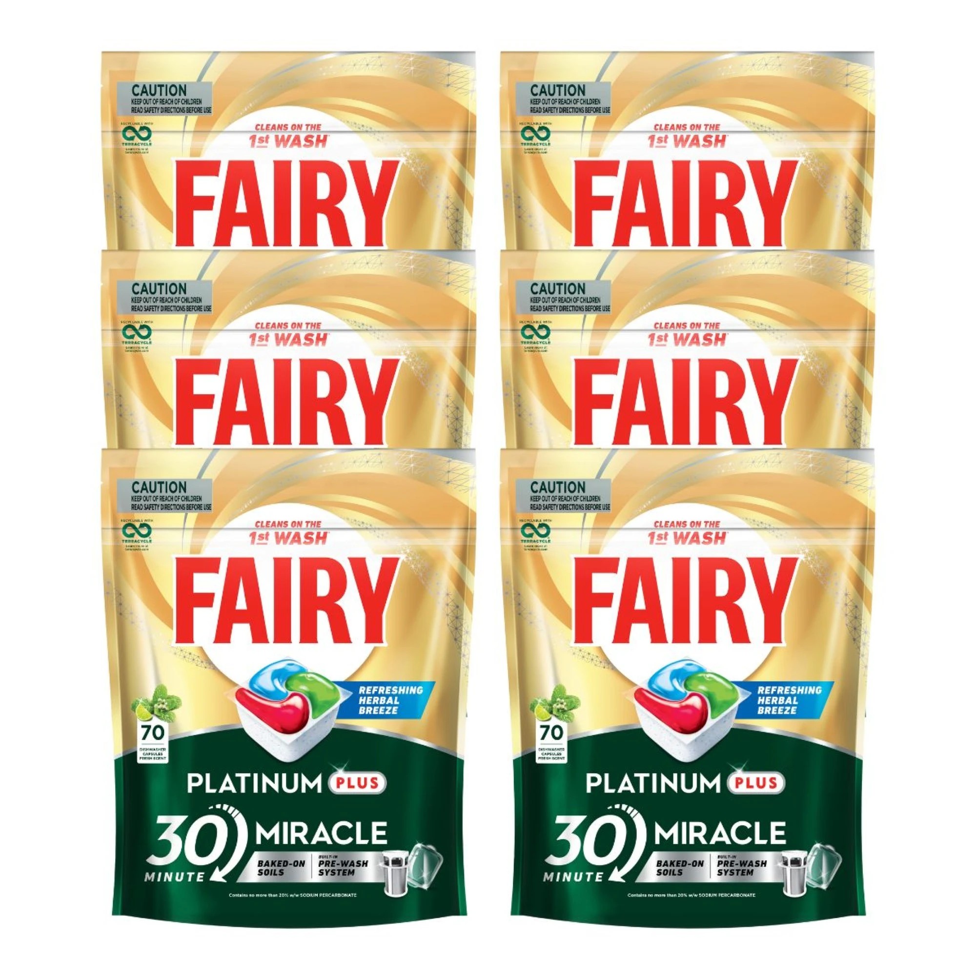 1 Fairy PK70 Dishwasher Capsules Platinum Plus Refreshing Herbal Breeze x6, 1 of 2