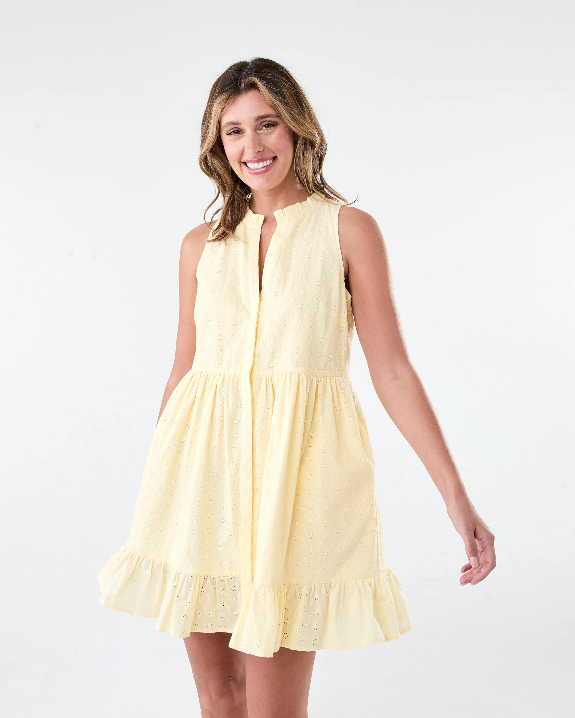 1 Sleeveless Tiered Broderie Mini Dress Fln Yellow, 1 of 9