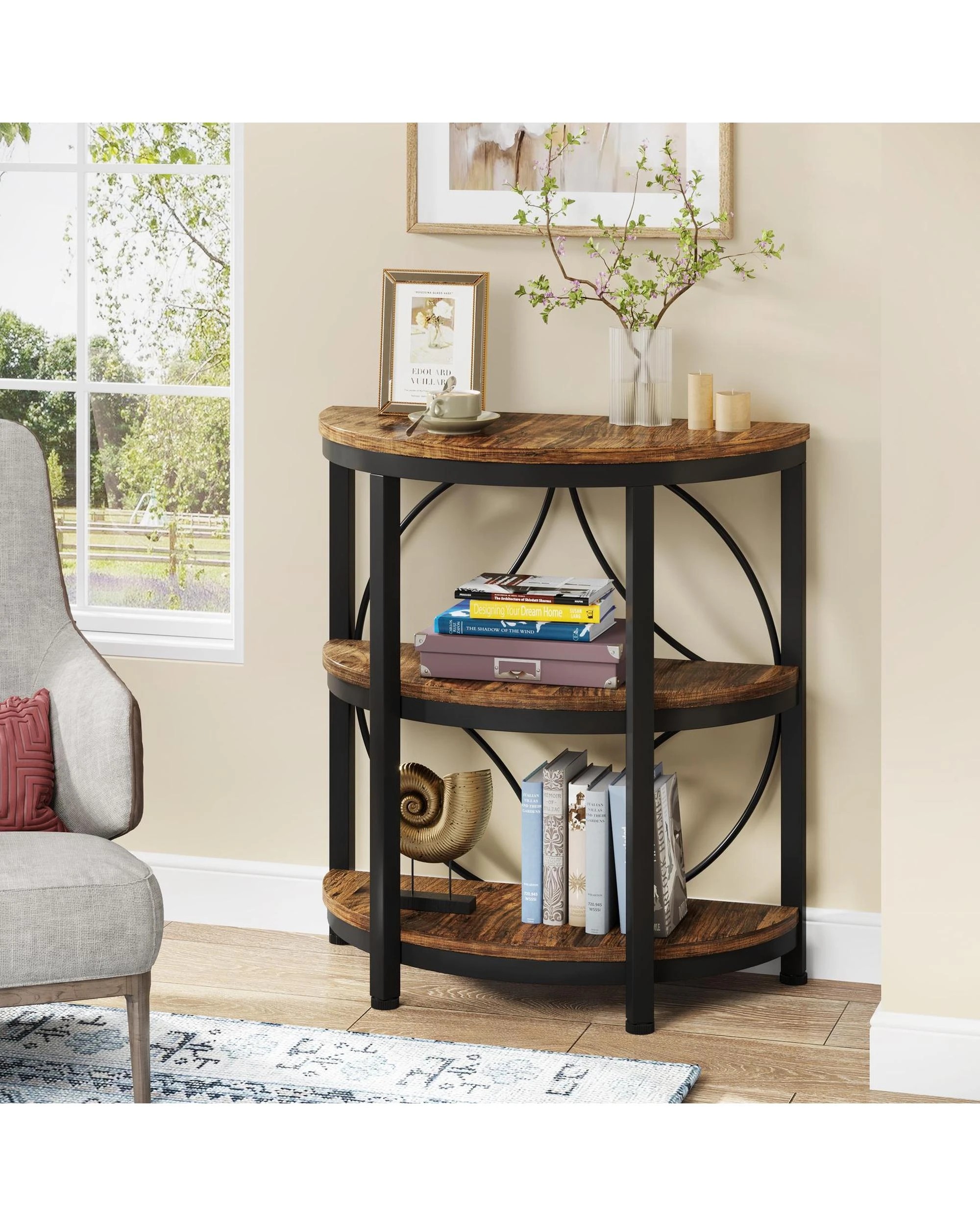 3 OAKORY Half-Round End Table, 3-Tier Narrow Side Table with Metal Frame, Rustic Brown Top, 3 of 8