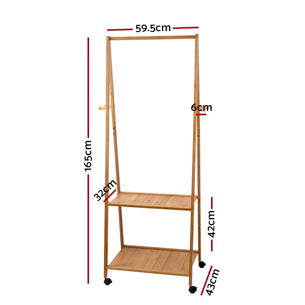 3 Artiss Clothes Rack Airer Coat Stand 165x59cm Wheels - Natural, 3 of 4