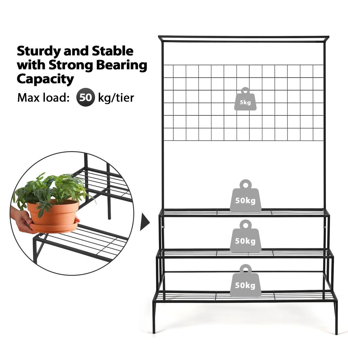 2 AUSWAY Black Plant Stand 3 Tiers Metal Hanging Pot Holder Flower Shelf, 2 of 3