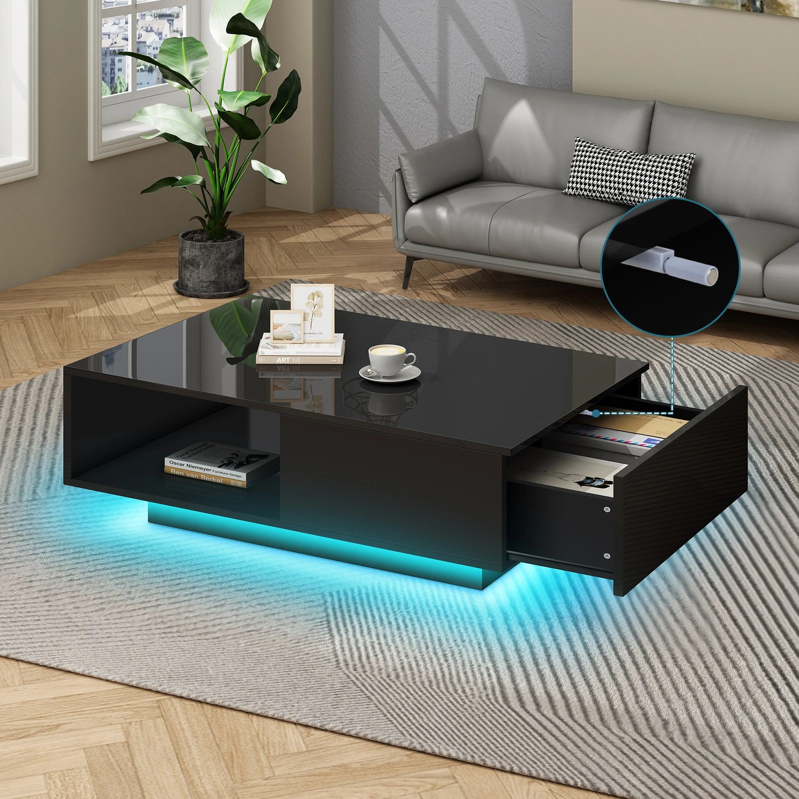 9 Alfordson Coffee Table 1 Drawer LED Gloss - Black, 9 of 10