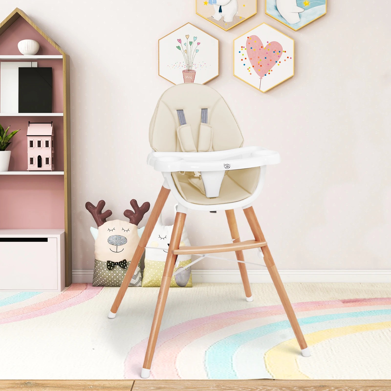 7 Costway Wood High Chair Adjustable Feeding Seat Beige, 7 of 7