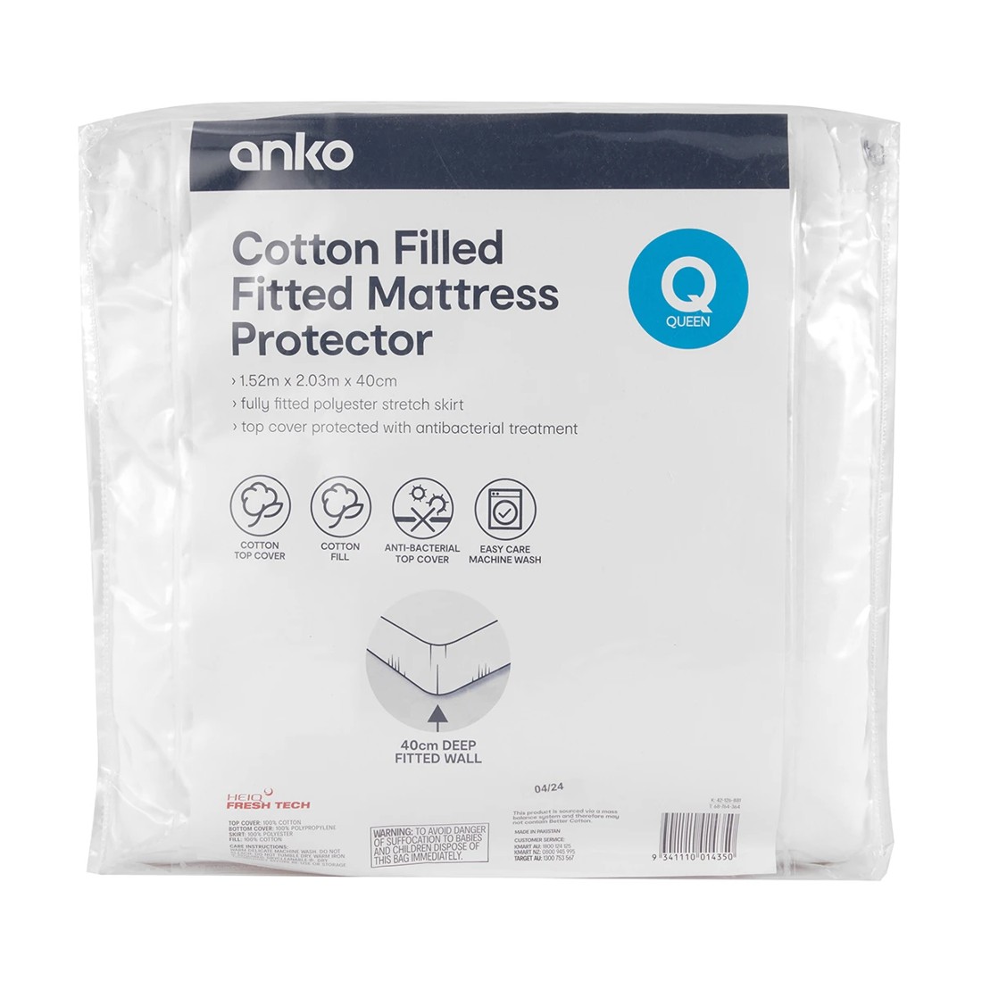 1 Cotton Filled Fitted Mattress Protector - Queen Bed, White, 1 of 4