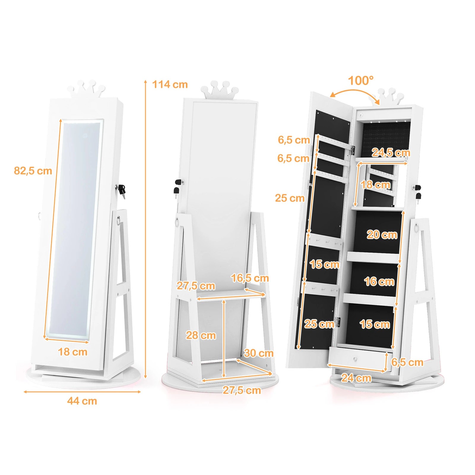 8 Costway Swivel Mirror Jewellery Cabinet Jewelry Organizer Standing Box Princess Armoire - White, 8 of 9