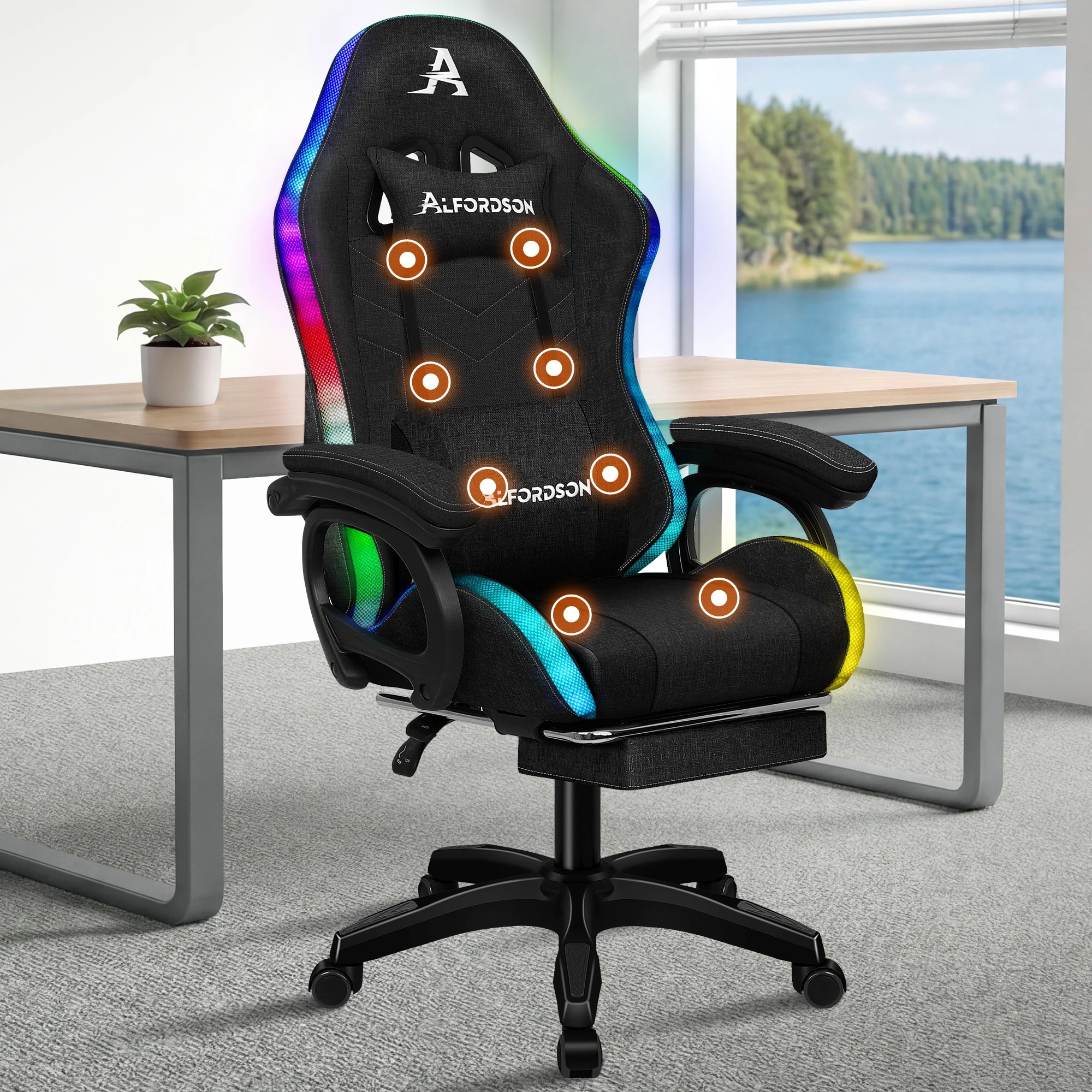 2 Alfordson Gaming Office Chair Massage Computer Seat Footrest Fabric - Black, 2 of 9