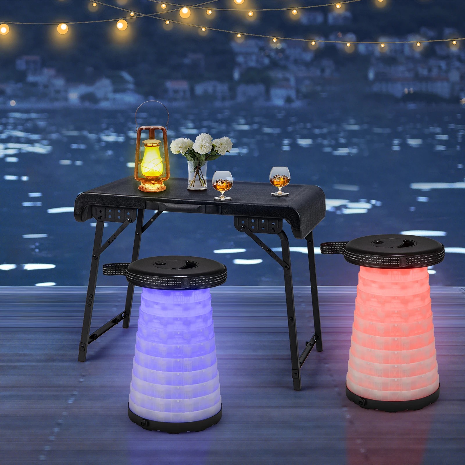 2 Costway 3PCS Camping Table Stool Set Picnic LED Telescopic Stools Outdoor Activity Seats - Black, 2 of 3