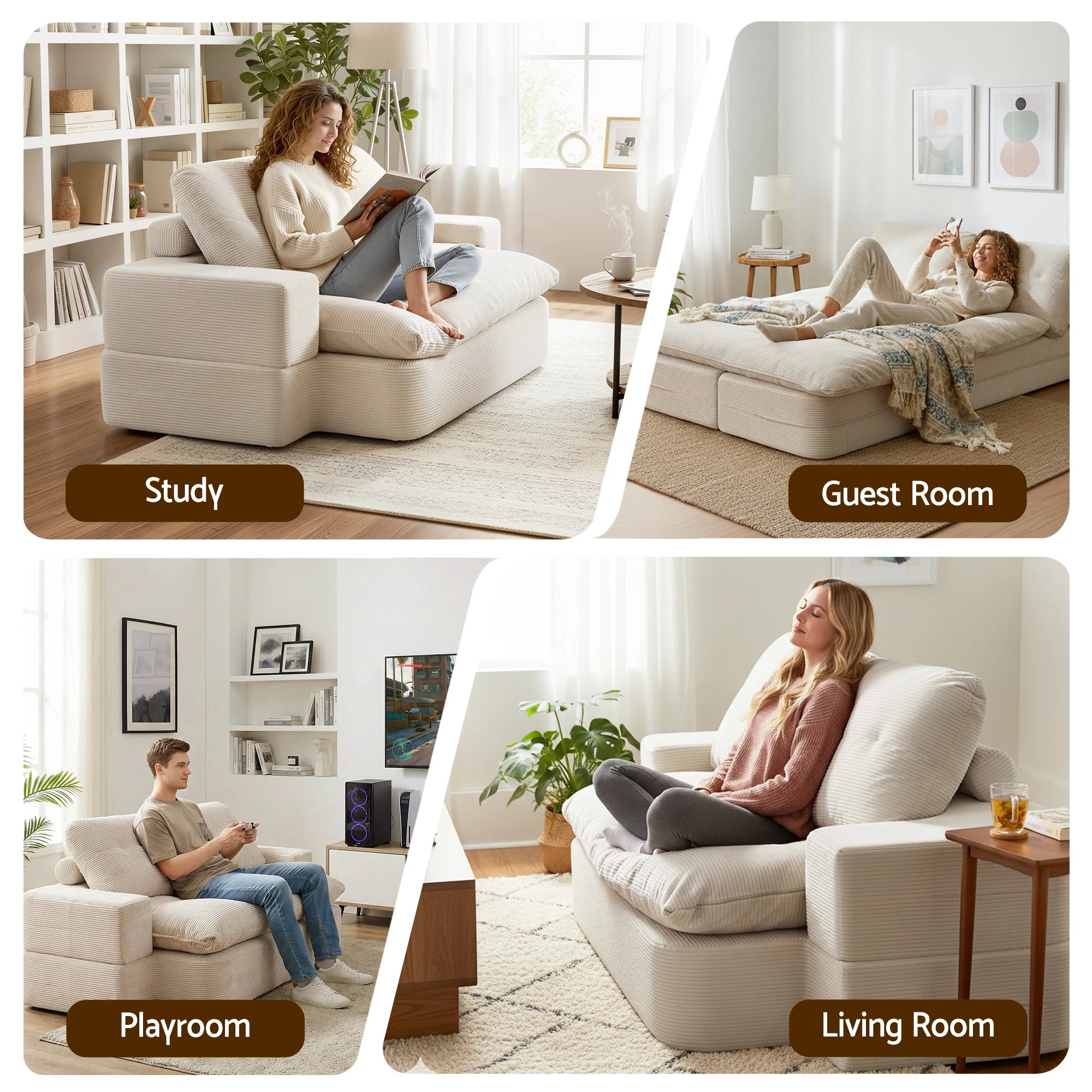 9 Artiss Convertible Folding Sofa Bed Boneless Couch Corduroy Sleeper Lounger for Living Room - Beige, 9 of 10