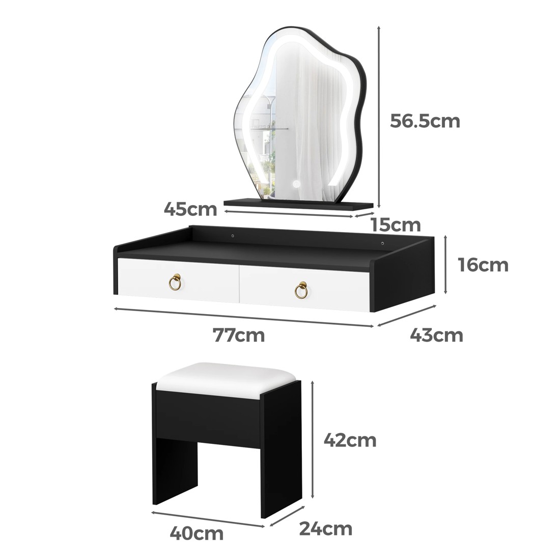 9 Alfordson Dressing Table Stool Floating Makeup Mirror Vanity Desk LED - Black White, 9 of 10