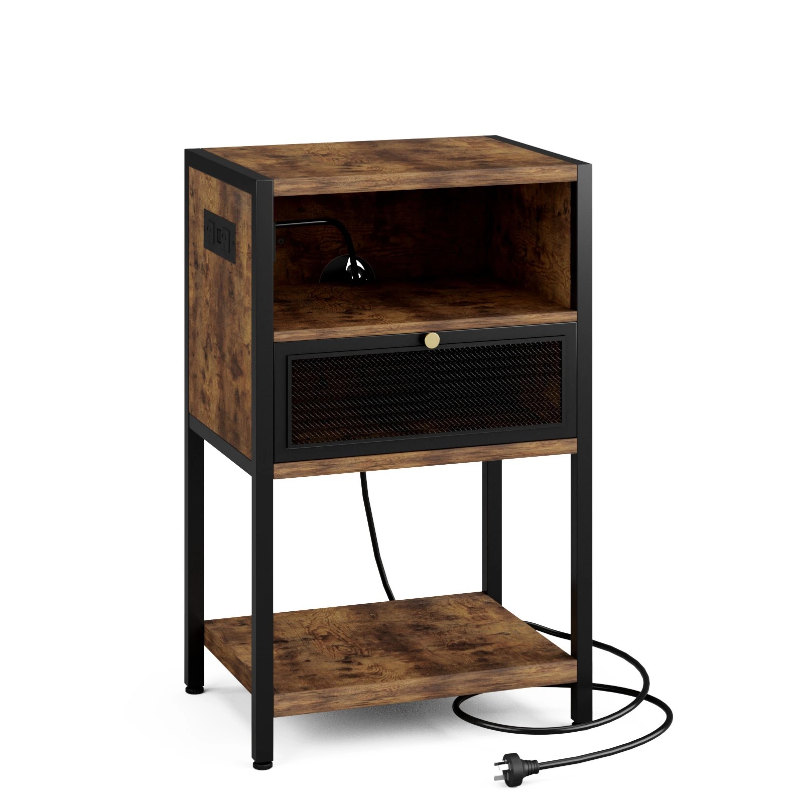 1 Advwin Bedside Table with Charging Station Metal Mesh Drawer Nightstand Side Table - Brown, 1 of 9