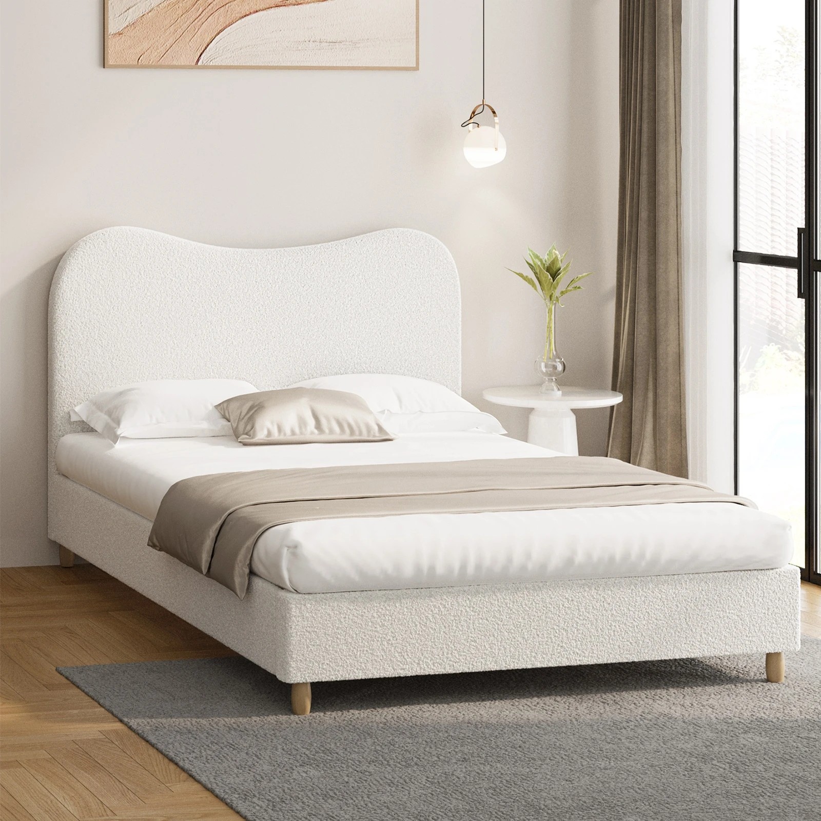 2 Oikiture Double Bed Frame Boucle Cloud Shape Headboard
 - White, 2 of 10