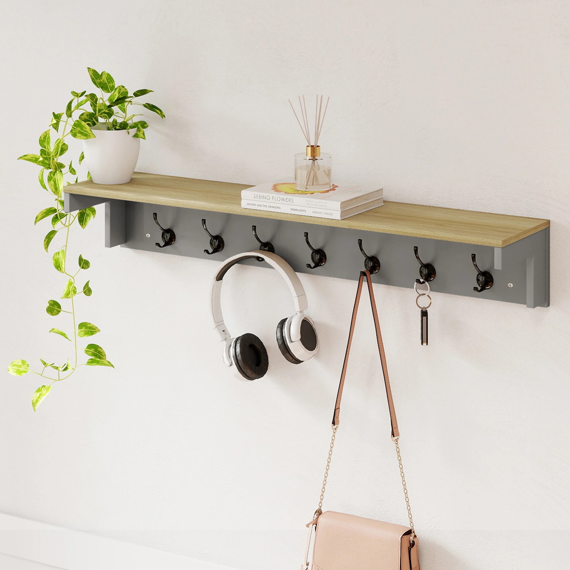 7 Levede Coat Rack Wall Mounted Shelf 7 Double Hooks - Grey, 7 of 9