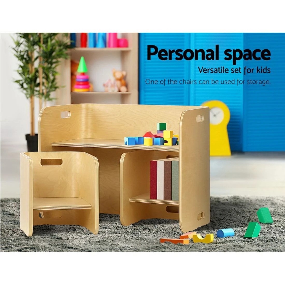 5 Keezi 3PCS Kids Table and Chairs Set Multifunctional Storage Desk - Natural, 5 of 8