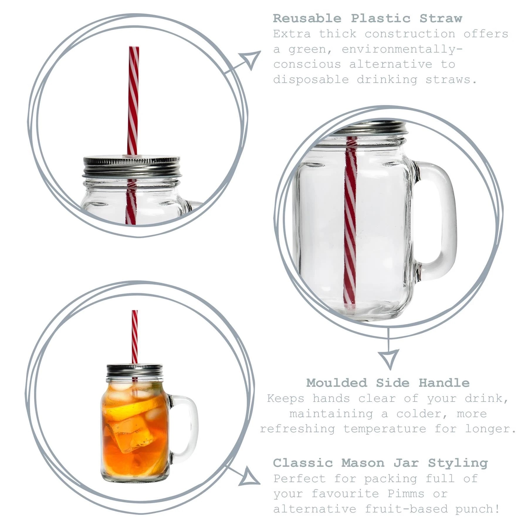 2 Rink Drink 4 Piece Glass Drinking Jars Set with Lid and Straw with Handle-  620ml, 2 of 7