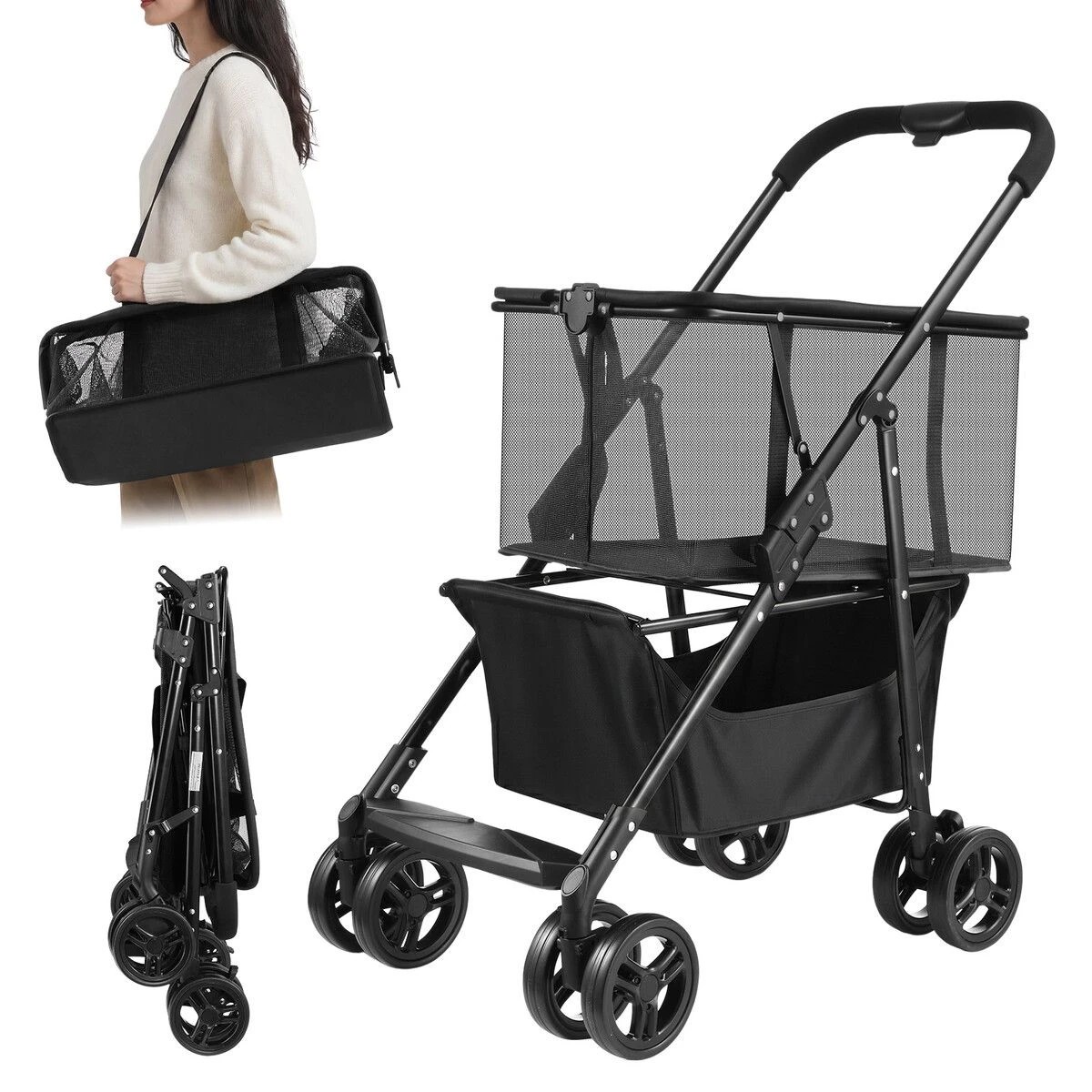 5 AUSWAY 2 Tier Foldable Shopping Trolley with Wheels Collapsible Grocery Utility Cart Rolling Market Travel, 5 of 6