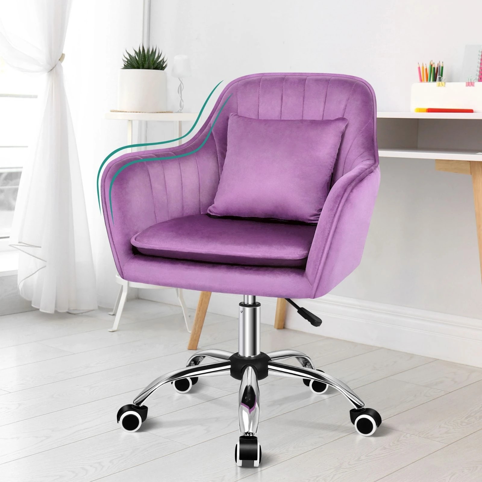 9 Alfordson Velvet Office Chair Fabric Computer Swivel Armchair Work Adult Kids - Purple, 9 of 10