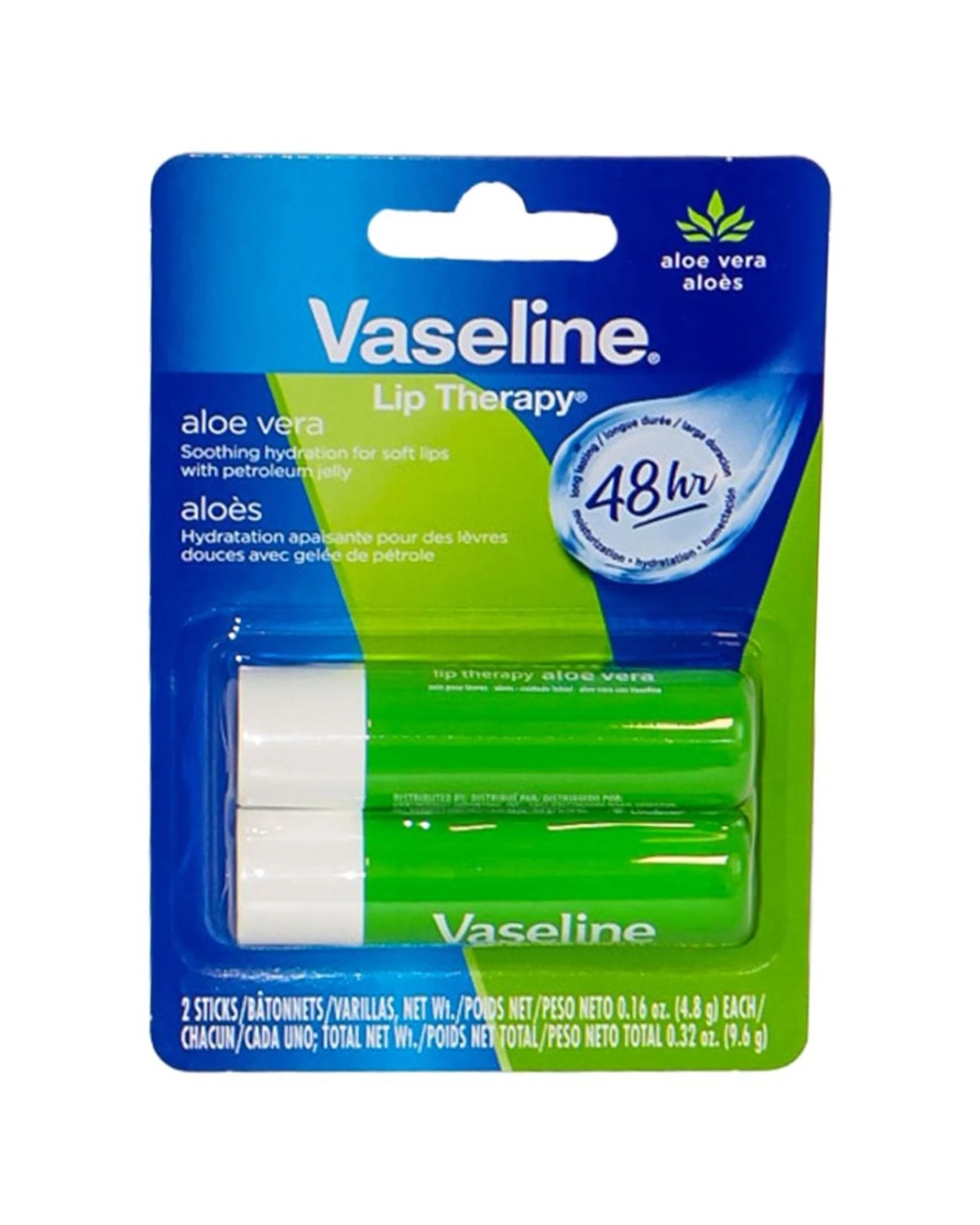2 Vaseline 4x 2pc Lip Therapy Aloe Vera 48 Hour Hydration Pack 4.8g - Green, 2 of 3
