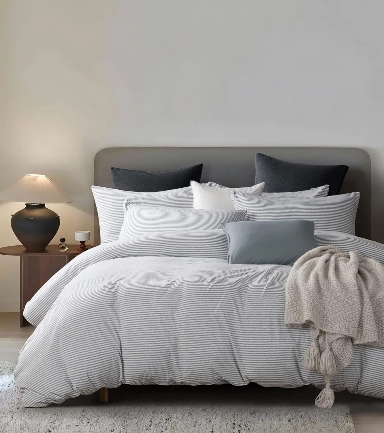 2 Gioia Casa Jersey Cotton European Pillowcase Soft Breathable Stretchy Grey Stripe, 2 of 3