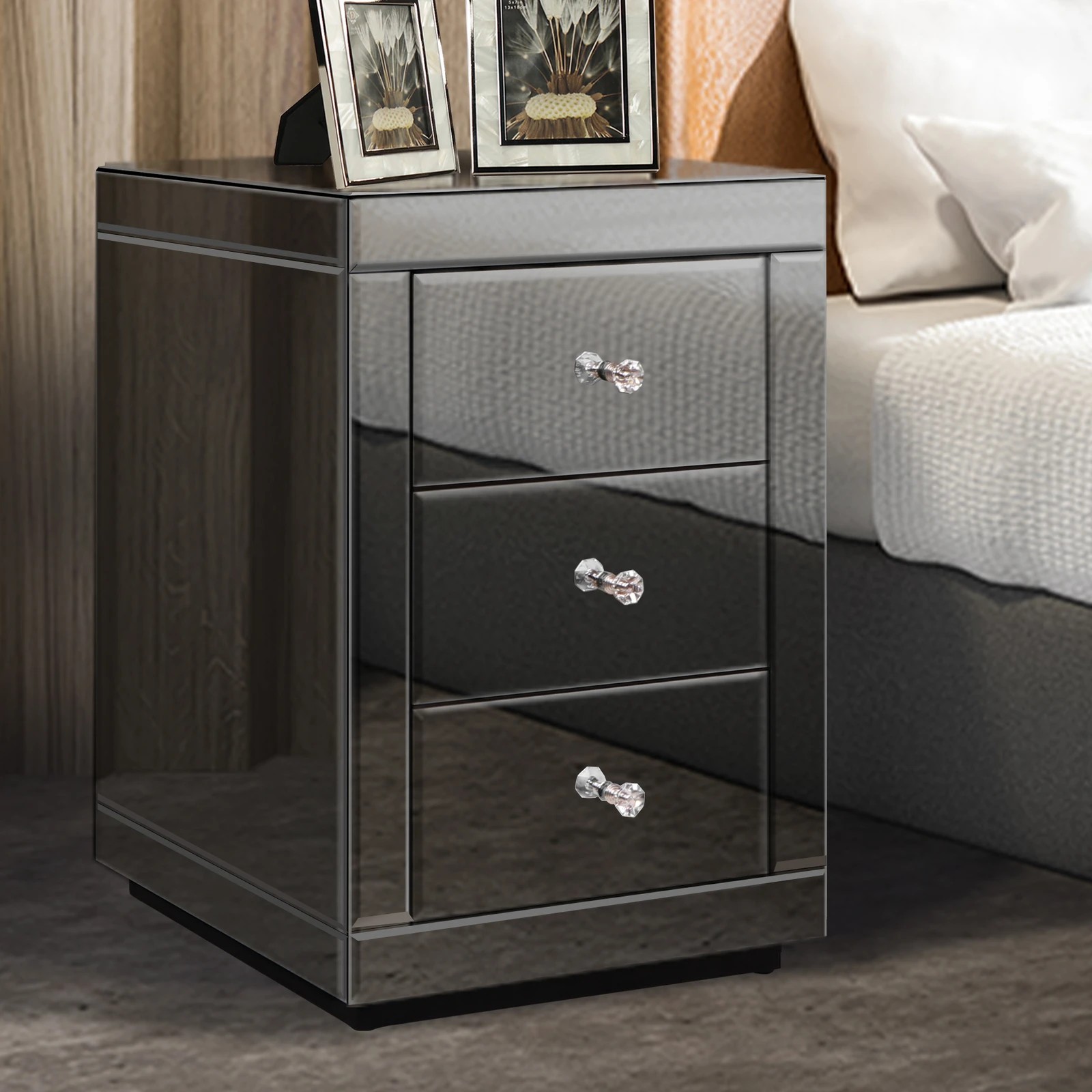 3 Alfordson Bedside Table Mirrored Cabinet Nightstand Side End Table Drawers - Grey, 3 of 10