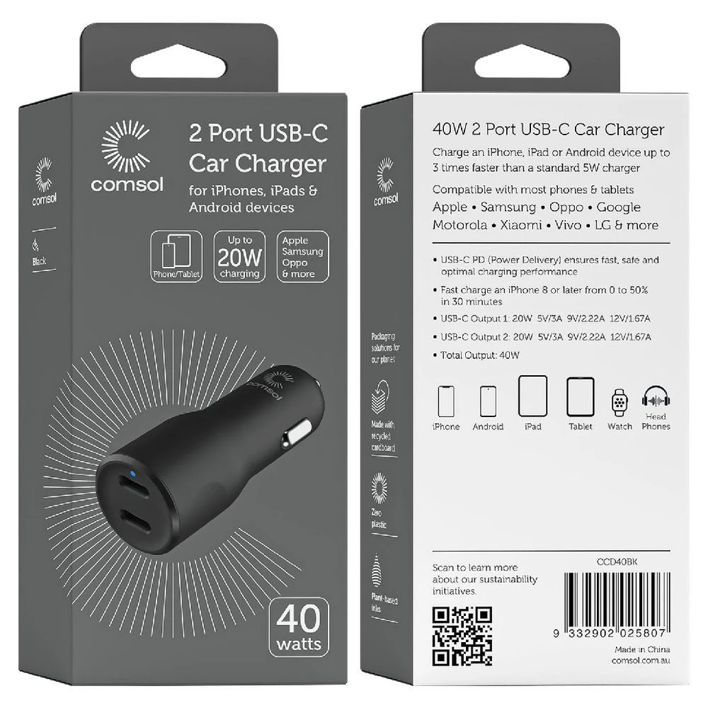 3 Comsol Dual Port USB-C Car Charger 40W Black, 3 of 3