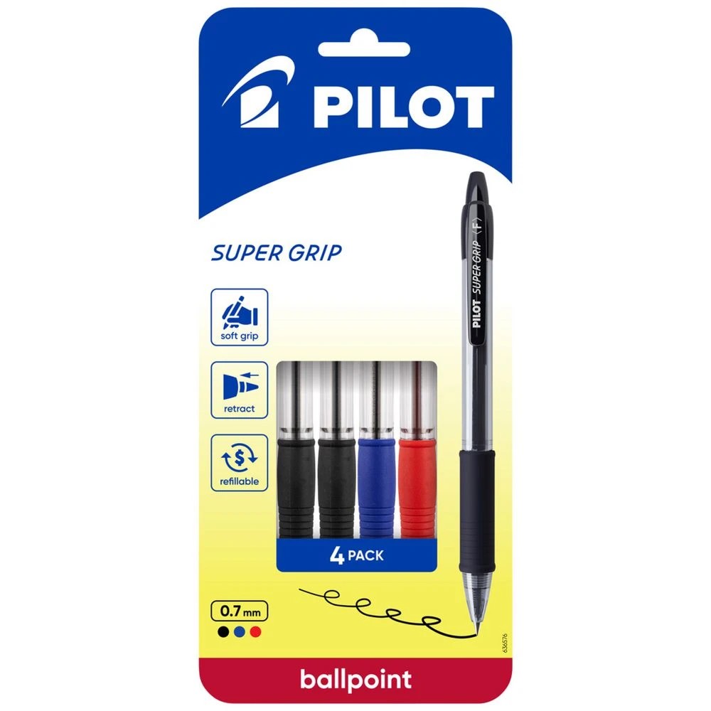 1 PILOT Super Grip Retractable Ballpoint Pen 0.7mm Asst 4Pk, 1 of 8