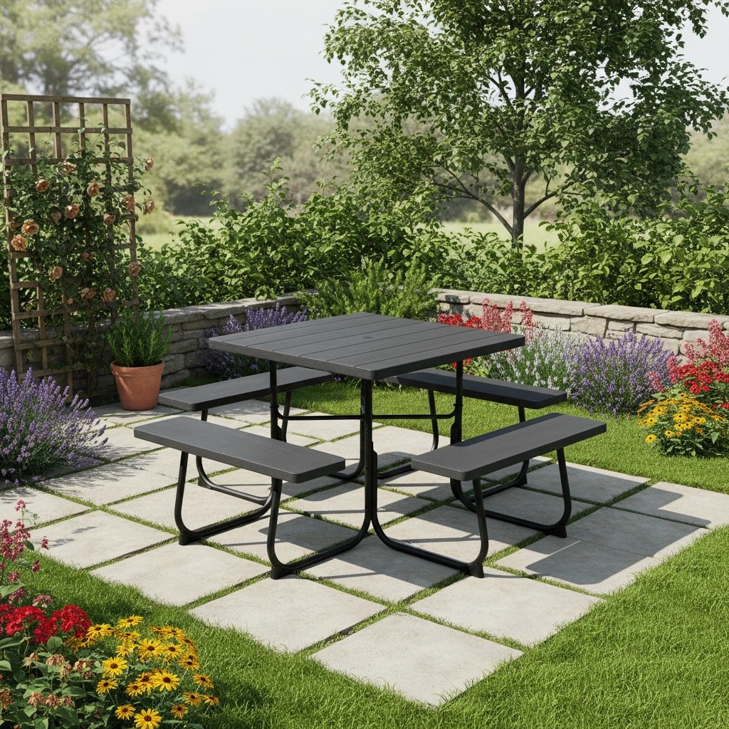 3 Costway 8-person Picnic Dining Table Outdoor Bar Bench Set All Weather w/Umbrella Hole - Black, 3 of 5